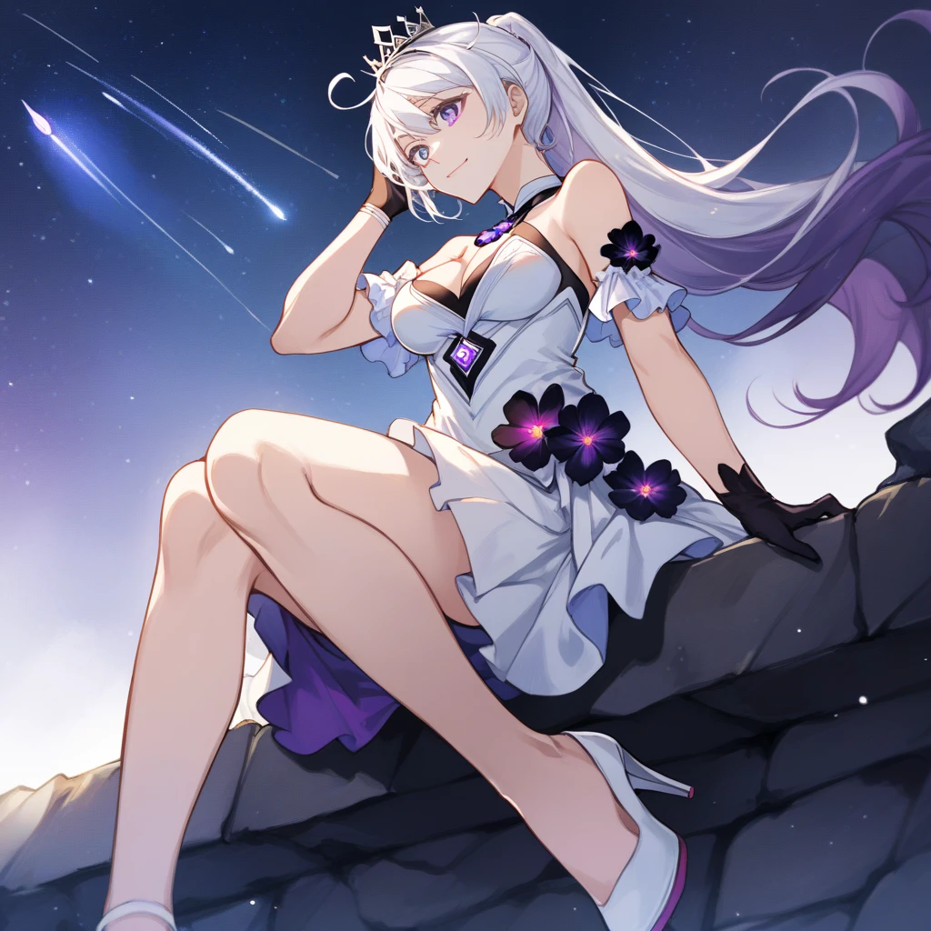 score_9_up, score_8_up, score_7_up, source_anime, 1girl, solo, Kiana, Hofi_Def, cosmos, night sky, sitting on stone ledge, looking up at sky, shooting star, hand in hair, hand up, gentle smile, closed mouth, from below, foreshortening, face focus, white footwear, high heels, kiana kaslana, white hair, very long hair, purple hair, ponytail, blue eyes, star-shaped pupils, symbol-shaped pupils, crown, jewelry, gem, white dress, sleeveless dress, cleavage cutout, halterneck, black flower, open skirt, black gloves, white skirt, bare shoulders, purple inner skirt, clothing cutout, detached sleeves, frilled sleeves, short sleeves, mature body, dynamic cowboy shot, outdoors, 