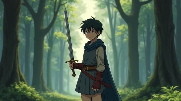 90s Japanese Anime. A -yeld bodressed in medieval attire, with short dark hair, holding a short sword in his hand, embodying the spirit of a classic fantasy hero, standing in the middle of a forest. The composition is off-center, following the rule of thirds, with a cinematic and artistic style 