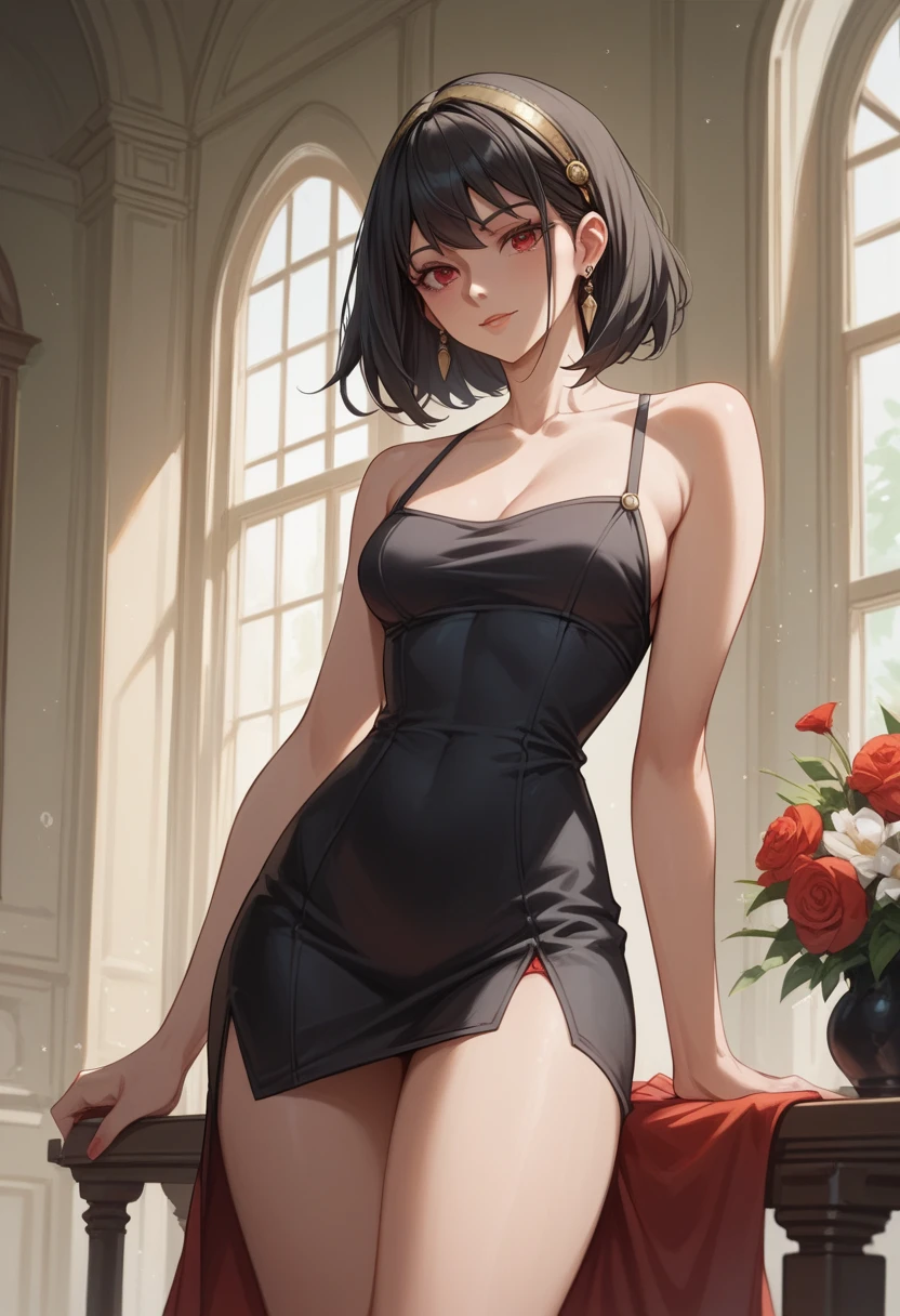 (masterpiece, Highest quality, High resolution, Super detailed, Highest quality), Detailed body, Detailed face, Detailed Red Eyes, Shy,  Tight waist, Black ponytail hair, sexy maxi dress, bedroom, hips up, ((standing)), (collar), (30 years old), stockings, slim, leaning against a wall, butt raised seductively 