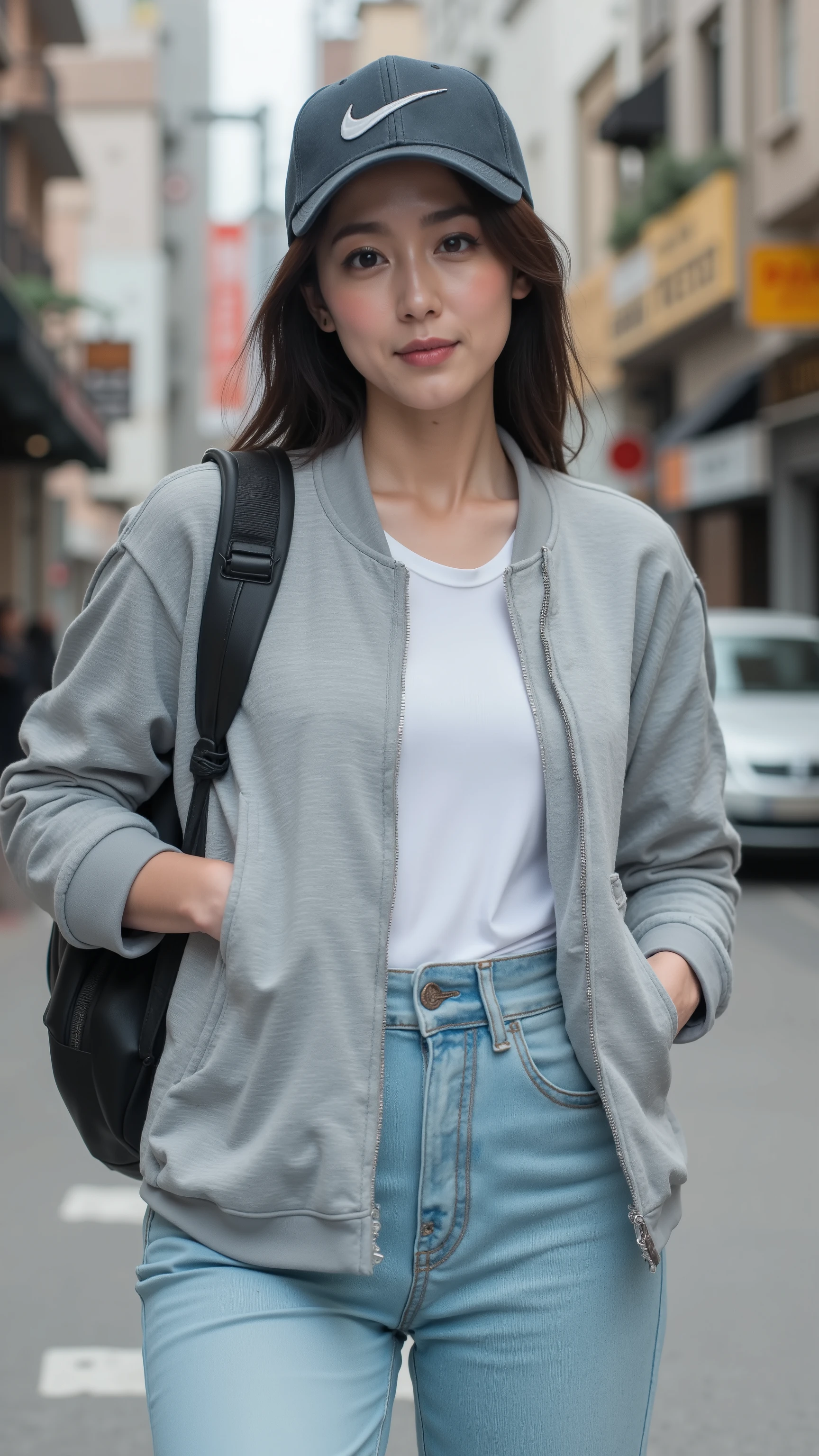 UHD, 16k, Masterpiece, top quality, Surrealism, Korean middle-aged woman, (( FinStreet Grey Zip-Up Jacket, Oversized White Undershirt, Pastel Blue Jeans, Nike Chicago Baseball Hat with Black Logo, Minimalist Leather Backpack, Street, )) ((seductive pose)) 