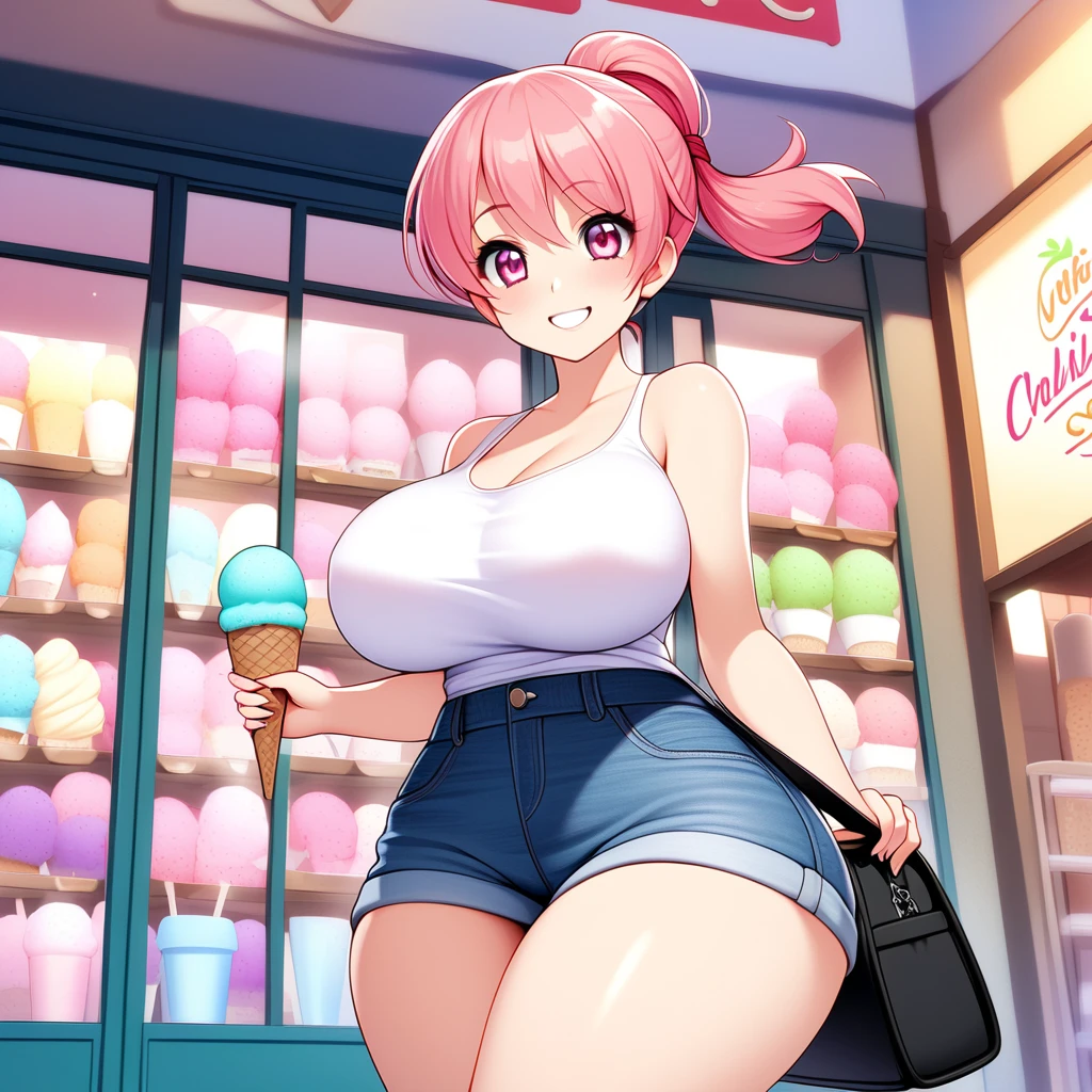  A girl,  with pink hair tied in two marias-chiquinhas, vibrant pink eyes ,  fair skin ,  big boobs,  fine winding,  wide hips , wearing casual summer clothing ,  being a white tank top and denim shorts , holding a black bag,  in front of a pink and purple ice cream store ,  setting with a cheerful expression , smiling and cute.