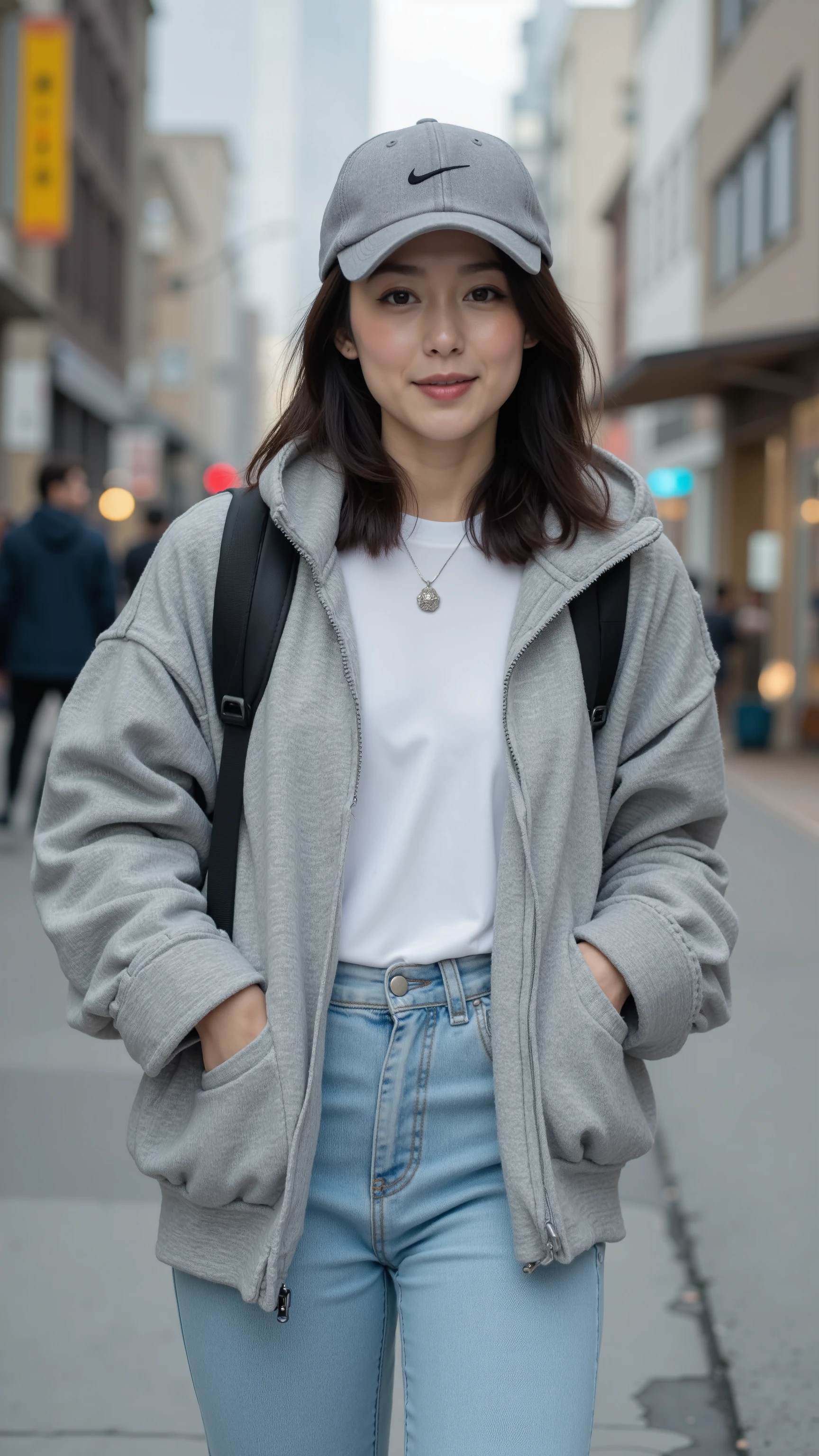 UHD, 16k, Masterpiece, top quality, Surrealism, Korean middle-aged woman, Raise the illuminance (( FinStreet Grey Zip-Up Jacket, Oversized White Undershirt, Pastel Blue Jeans, Nike Chicago Baseball Hat with Black Logo, Minimalist Leather Backpack, Street, )) ((seductive pose)) 