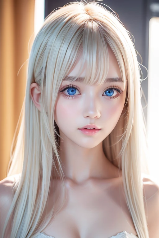 Very white and bright skin、A beautiful girl、Sexy 18 years old cute sexy little beautiful face、Shiny hair dancing in front of a pretty face、Long, silky bangs that cover the eyes、Hair that hides the face、Too long hair、Sexy cute young woman、Super long platinum blonde shiny bright hair、Big, bright blue eyes that shine so beautifully、Very big eyes、Super long straight hair、Small Face Beauty、Round face、Cheek gloss highlighter、