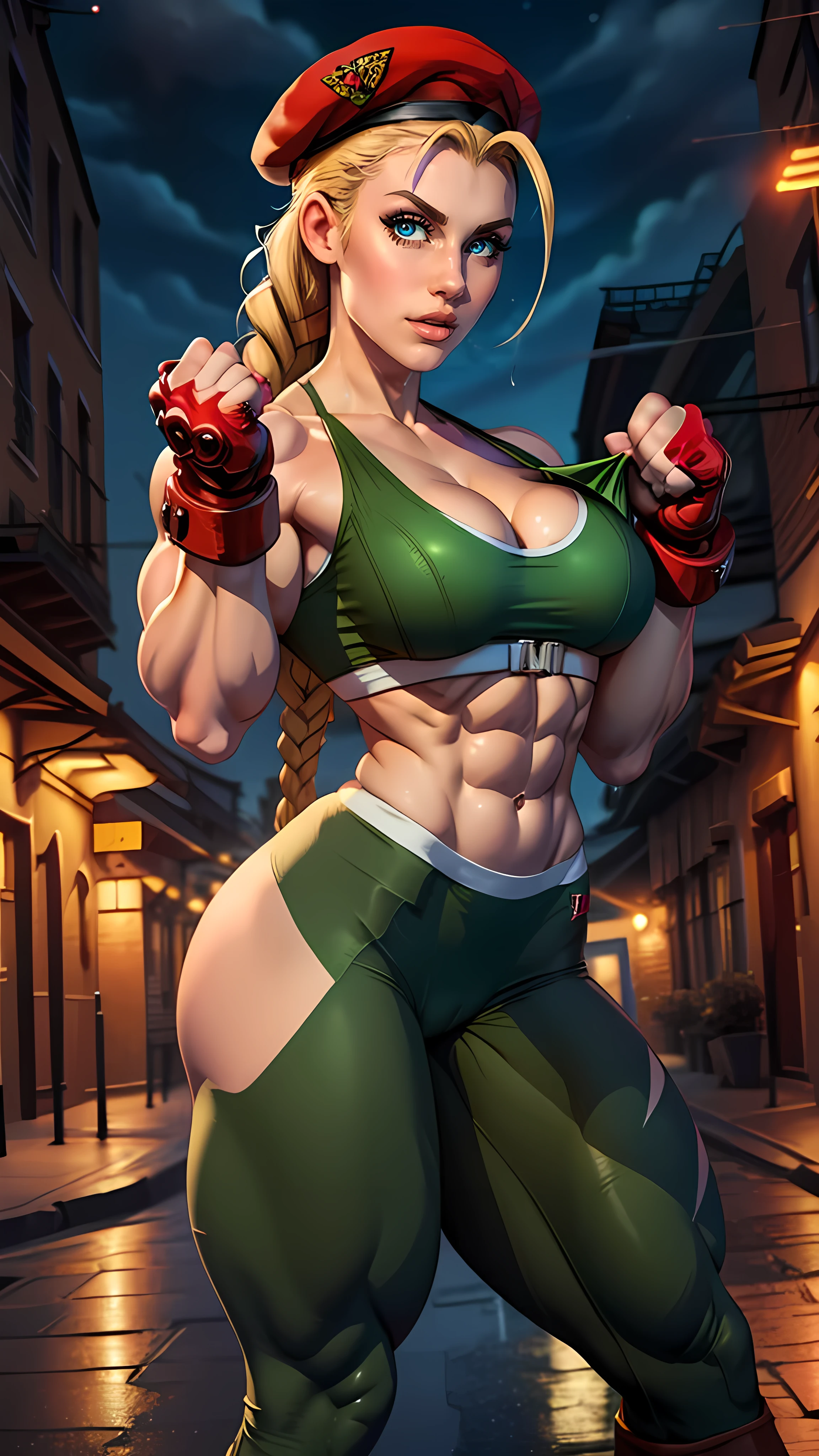 Super detailed、Highest quality、Best image quality、masterpiece、8k、(Cammy)、Cowboy Shot、(shoulder-length blonde braids)、(laugh:1.3、Open Mouth) 、(cheerful)、(tareme)、(tareme)、(big eyes)、(Beautiful bright blue eyes)、(High Detail Anime Eyes)、(puffy eyes)、(Big Tits:1.5)、((SFW Huge Body))、(Green high leg leotard:1.5、Gloves、Harness、boots)、(Fighting Pose:1.5)、hat