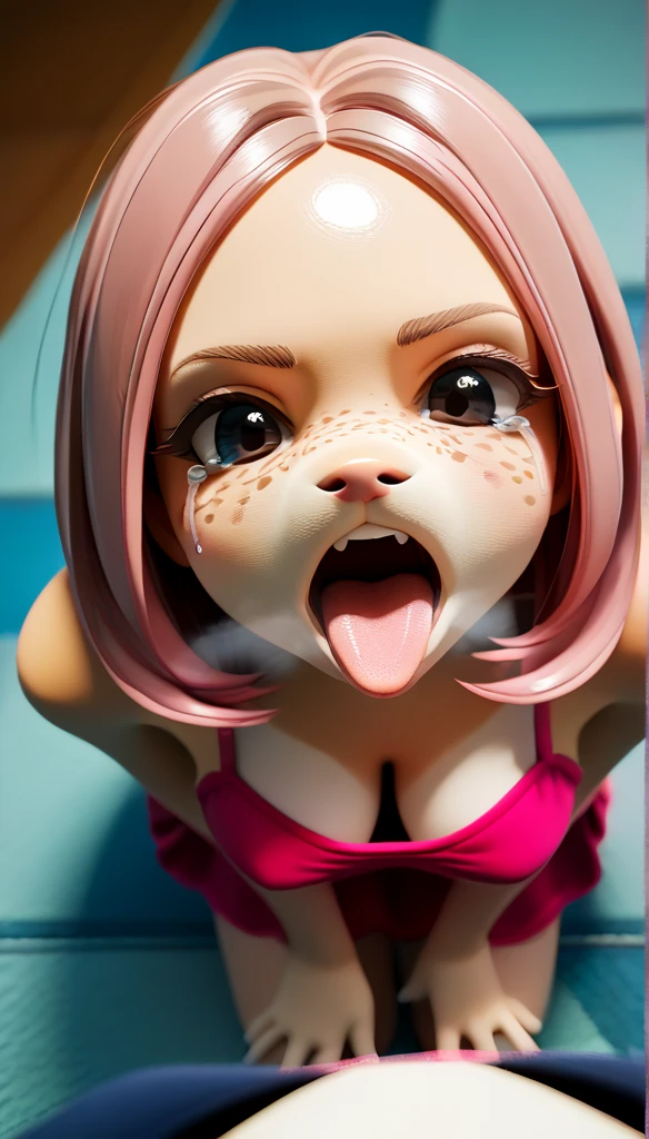 (masterpiece, best quality, ultra-detailed), AhsokaTano, (orange skin:1.2), blue eyes, makeup, blue shirt, hip armor, (portrait shot, upper body), looking at viewer, blush, open mouth, big mouth, tongue, tongue out, close up, saliva, uvula, uvula, room, mouth focus, excessive saliva, giantess, long tongue, large tongue