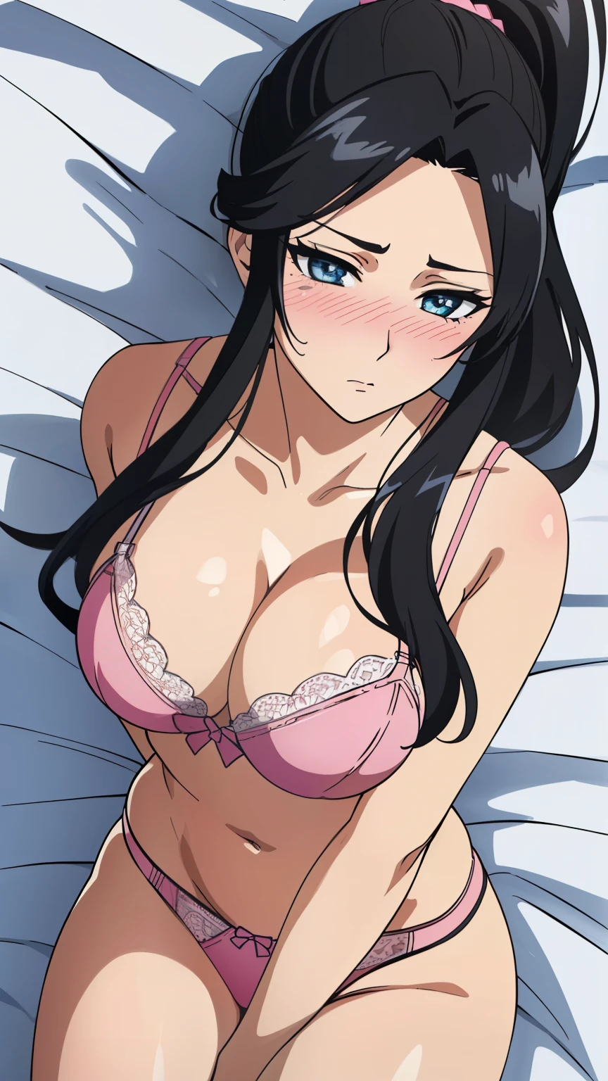 (Top quality, masterpiece, 8k), (Realistic skin texture), (anime coloring), very detailed, perfect face, beautiful eyes, perfect eyes, detailed eyes, feature large highlight, detailed face, ultra-detailed, detailed eyes, symmetrical eyes, (Dynamic angle), (expressionless), Sharp details, 1girl, (Long black hair:1.2), (ponytail:1.2), (20 years old), (mature face:1.3), (medium breasts:1.2), (nffsw), (embarrassed expression, blushing), (dynamic sexy pose), (pink lingerie, thighs, sexually seductive), (sleeping in bed, lying on back, from above:1.2), (cowboy shot:1.5), looking at the viewer,
