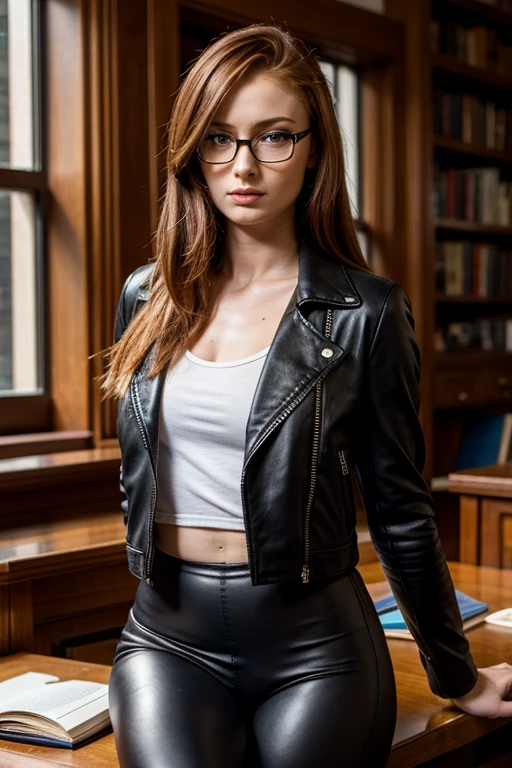 1girl, full body, magical girl, holding book, blue eyes, red hair, long hair, black dress, black leather jacket, library, glasses, (best quality,4k,8k,highres,masterpiece:1.2),ultra-detailed,(realistic,photorealistic,photo-realistic:1.37),portrait,fantasy,dramatic lighting,warm color palette,intricate details