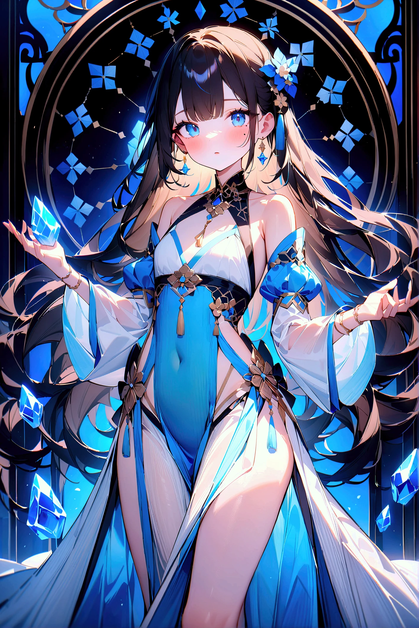 best quality, absurdres, [(mystical crystal forest background:1.5),::5], (high resolution, ultra detailed, absurdres:1.2), (stunningly beautiful:1.2), (cute little girl, ultra detailed very young face, low teen age, small breast, drooping eyes, ethereal fantasy girl:1.2), long flowing hair, vibrant black hair, dark blue eyes:1.2, white crystal silk priestess clothes, glowing magical symbols, surrounded by wisps of shimmering energy, enchanting and captivating presence, full body, little smile, crystal altar ,