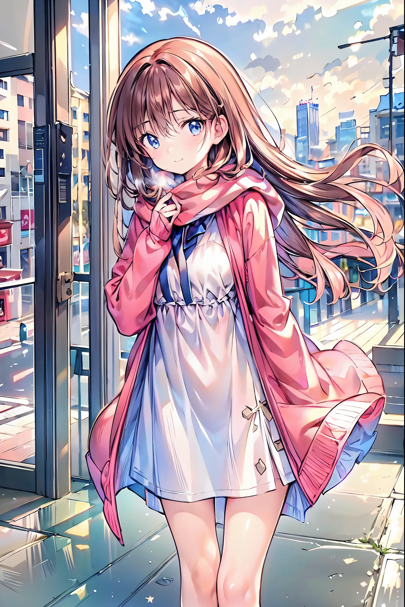 Winter clothes、Red coat、Bare legs、(    top quality ,Masterpiece:1.3,     Ultra-Fine ),(     very detailed,     caustics ,8k),(     realistic :1.4,RAW shooting),18 years old,     Japanese     ,     cute,  Looking at the camera and smiling   ,(     faces   :1.2),(     face close-up  :1.2),(Low position:1.3),(     low angle:1.4),   brown hair，     Shortcut ，     slender beauty     ，     messy hair，Cityscape，   brown hair，    Shortcut ，    tousled hair ，   short braided hair，Neat，   slender and beautiful woman with C cup breasts ，Correct posture，   small breasts，    Beautiful Legs，     Enchanting gray-blue eyes shine like stars ，Droopy eyes，    bright color ,    beautiful eyes,A delicate smile,   Textured Skin, BEST QUALITY BEST    ,    A humorous parody of a gentle and beautiful woman writing directly from the bottom of the depth of the dress border    ,    anime style､