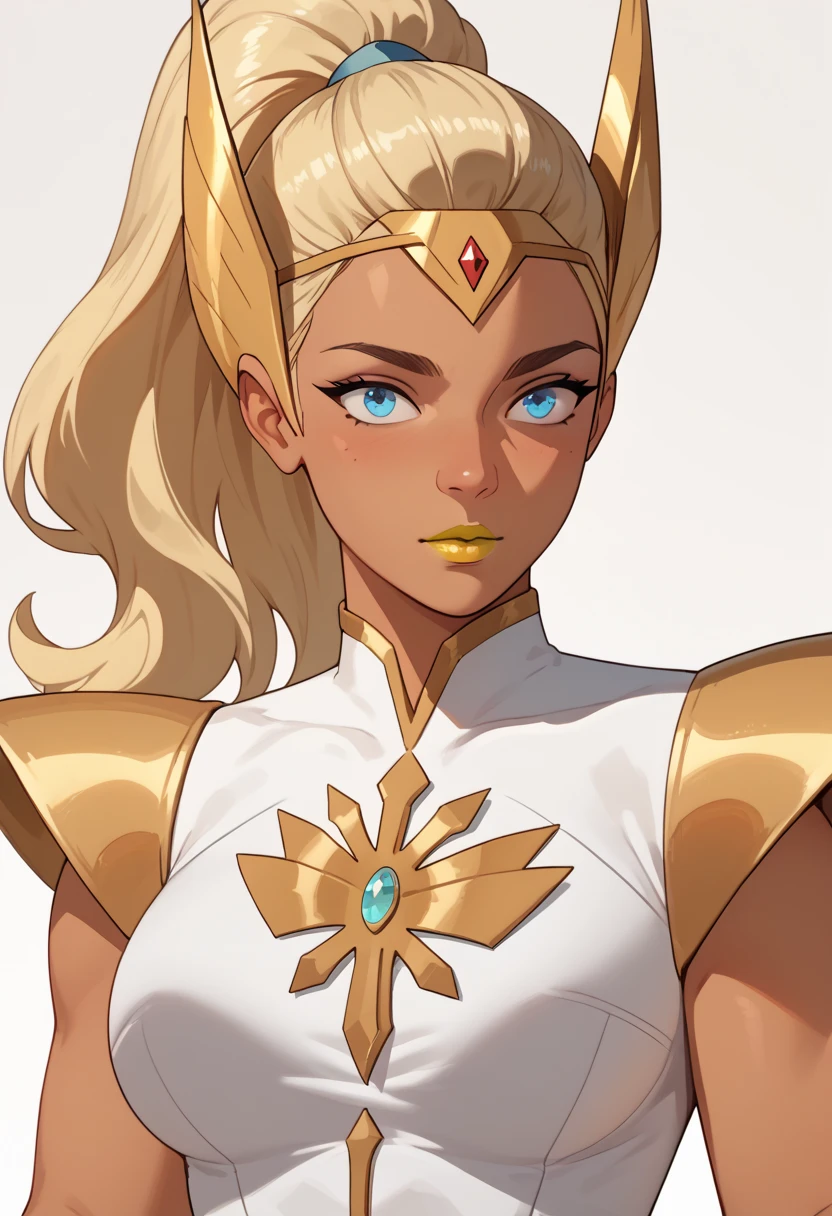 woman, big breasts, yellow lipstick, anime style, blue eyes, white skin, blonde hair, ponytail, armor, royal palace, She-ra