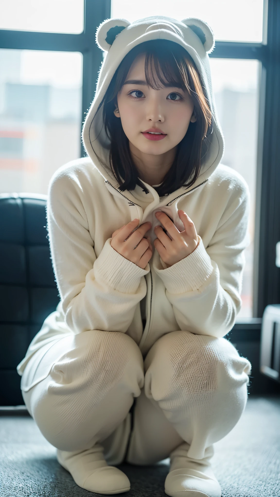 RAW photo, 1 girl, incredibly absurd, 25 years old, beautiful girl, (cute), (short hair), photo shoot, realistic, Depth of the bounds written, High resolution, Super detailed, delicate, very detailed, highly detailed eyes and face, sharp pupils, Realistic Office Lady, sharp focus, dark Natural lighting, Eye and face details, (wearing a White bear costume), full body, (wind lift:1.6), cameltoe, stare, Big breasts that are about to burst, Close-up, perfect body, heart hands