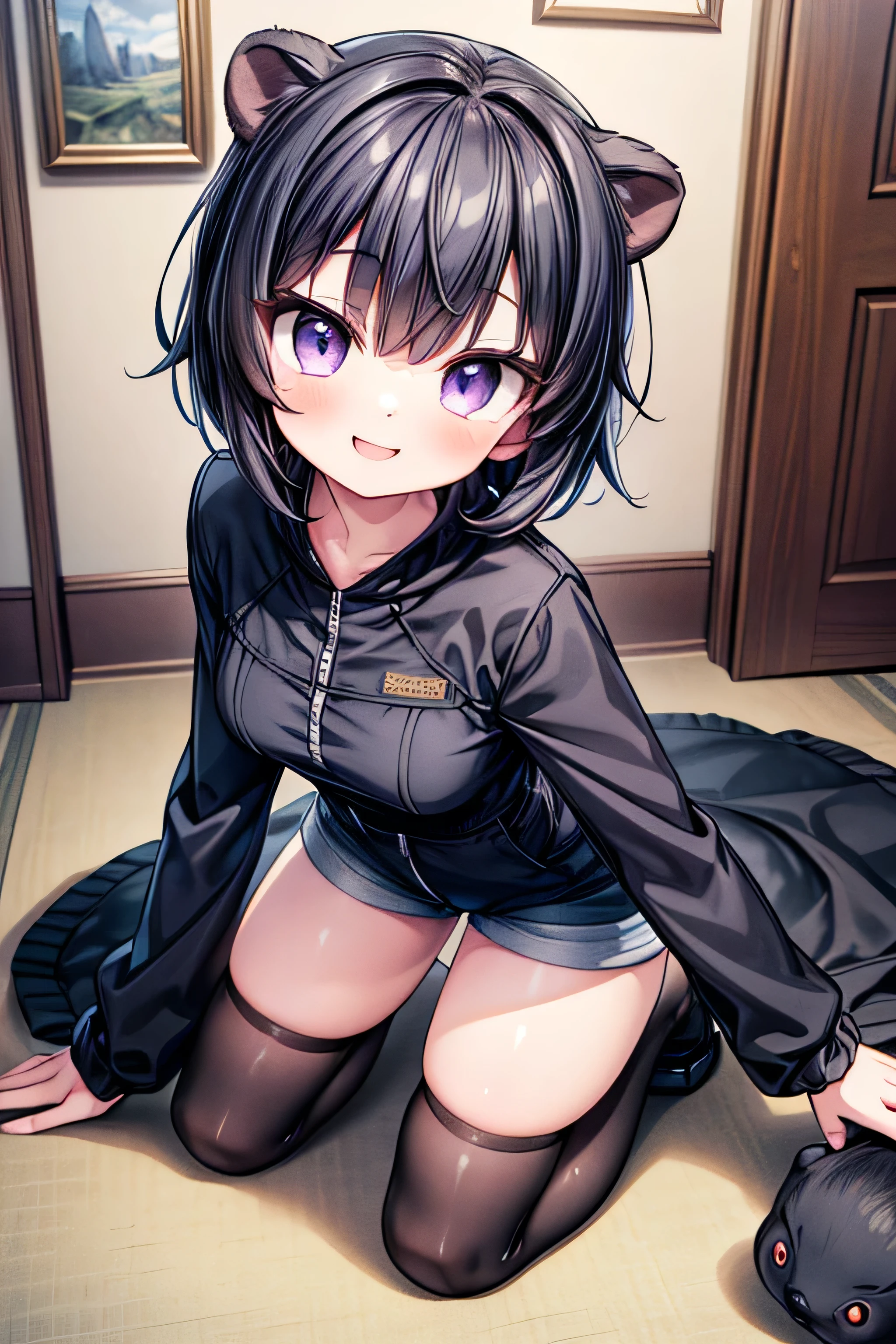 beautiful girl incredible quality 4k vtuber with red eyes black hair small breasts cat hoodie black school mini skirt skirt open legs with stocking showing pink panties in rgb gamer room