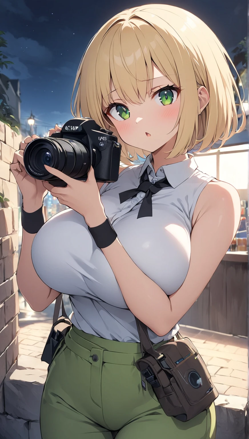 score_9, score_8_ up, score_7_ up, score_6_ up,  source_Anime,  One Girl , Alone,  Blonde,  split bang,  short hair,  white tank top with split center, Sleeveless,  wristband ,  clevis on a stone,  Big Breasts,  green eyes, camera holding , The chestnut mouth, Outdoors,   night peeping ,  upper body,  hide behind a brick wall,  green pants ,  upper body, looking at you