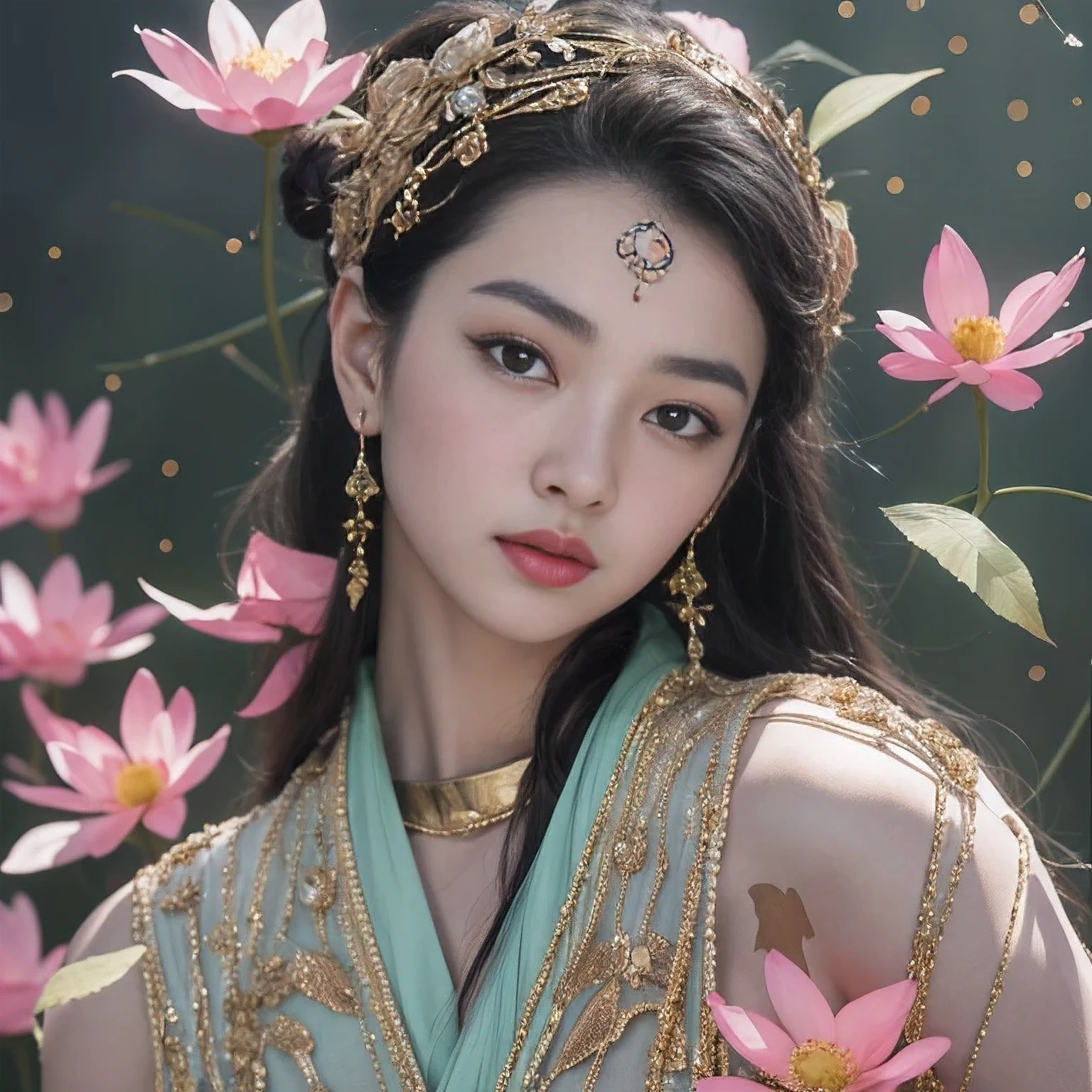 Beautiful woman sitting on a lotus, (((Body skin is green))),Delicate,Bright big eyes look at the audience,Long time brilliant,Peaceful sitting,Complete foot structure,Barefoot,The sky behind the head has a circular circle of light,Light,(primitive:1.2),(realisticlying:1.4),(Sharpness:1.2),16 yaers old,(((body high:1.5))),((Gemstones refract dazzling light)),((middlebreast:1)),(Abs:0.7),(glute:1.2),(healthy-looking skin, Thin skin, seductiveexpression, 二重まぶた,Jelly textured lips, Glowing lips,Small upturned lips,Shiny skin,(((Flawless skin texture))),Real pores,ctextured skin,choker necklace,Wear a lot of Yingluo,(Wear gemstones,pearls,hisui,amber,),((Gorgeous and exquisite crown,gemstone setting)),(Dynamic hair,long whitr hair,Beaded hairpins,Nobile,Delicate skin texture),Glossy glossy skin,Glowing skin,Radiant hair,The head is illuminated with an aperture,The body shines, High quality detailing, Cinematic lighting,,absurderes, unbelievable Ridiculous, hugefilesize, ultra - detailed, A high resolution, The is very detailed,best qualtiy,tmasterpiece,illustratio,The is very detailed,CG,unified,8k 壁纸,Amazing Cleavage,finely detailled,tmasterpiece,(((dynamicposes))),((Correct anatomy)),(((Correct dissection)),indian goddess of wealth,