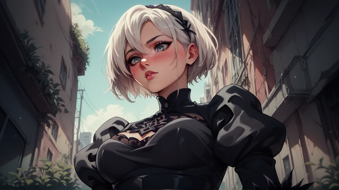 2B, in a destroyed city covered by nature, looking down at the spectator in a seductive and attractive way with her beautiful black dress,  white hair,  medium breasts , cute and detailed face, blush, with your black stripe around your eyes,