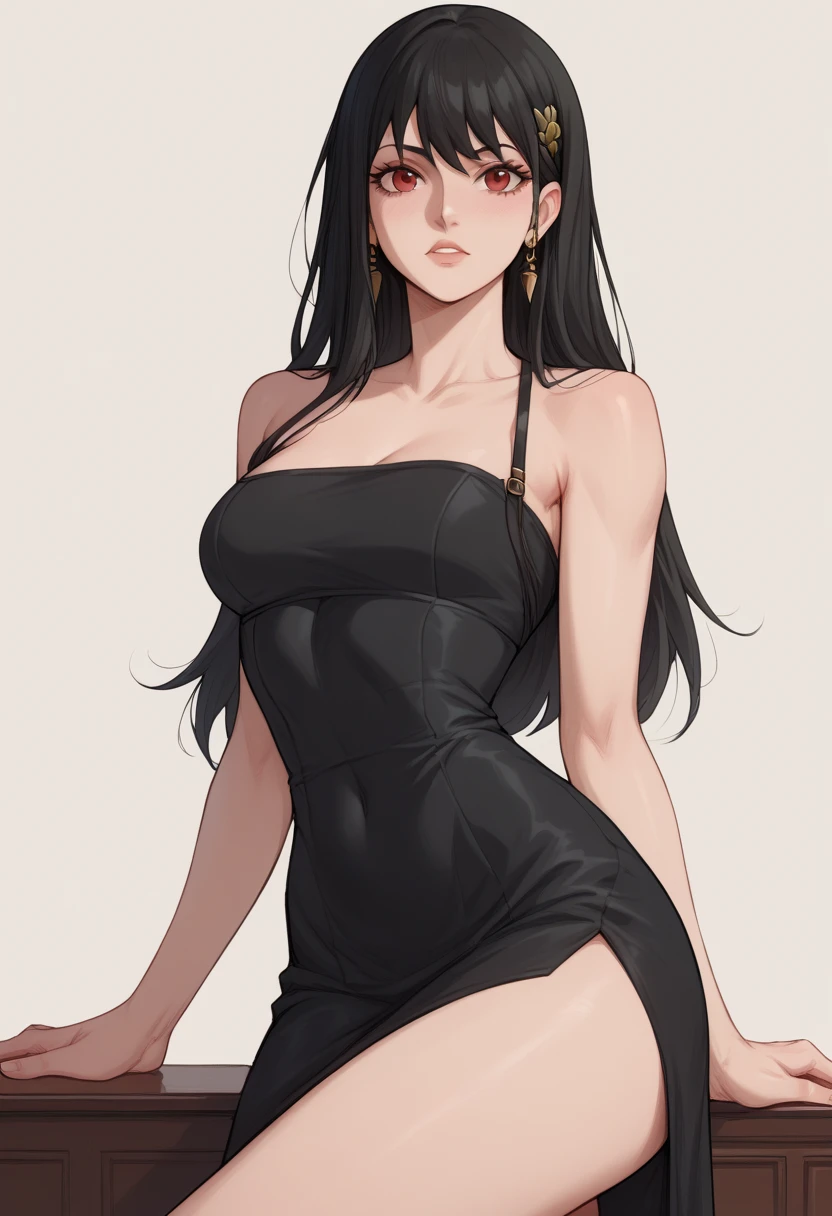 You Forger, Spy x Family,  black hair, straight hair,  long hair,  red eyes art,  athletic body,  black dress,  short dress