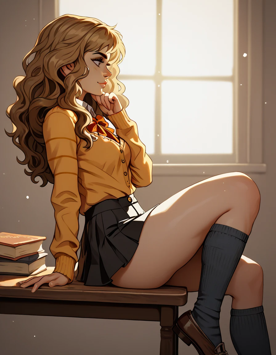 score_9, score_8_up, score_7_up, rating_questionable, 1girl, solo, very sexy (Hermione Granger:1.2), student costume, very short skirt, socks, Side view, Push butt, reclining on table, illuminated by afternoon sunlight, long wavy hair, light brown hair, hand on chin, thick thighs, best quality.