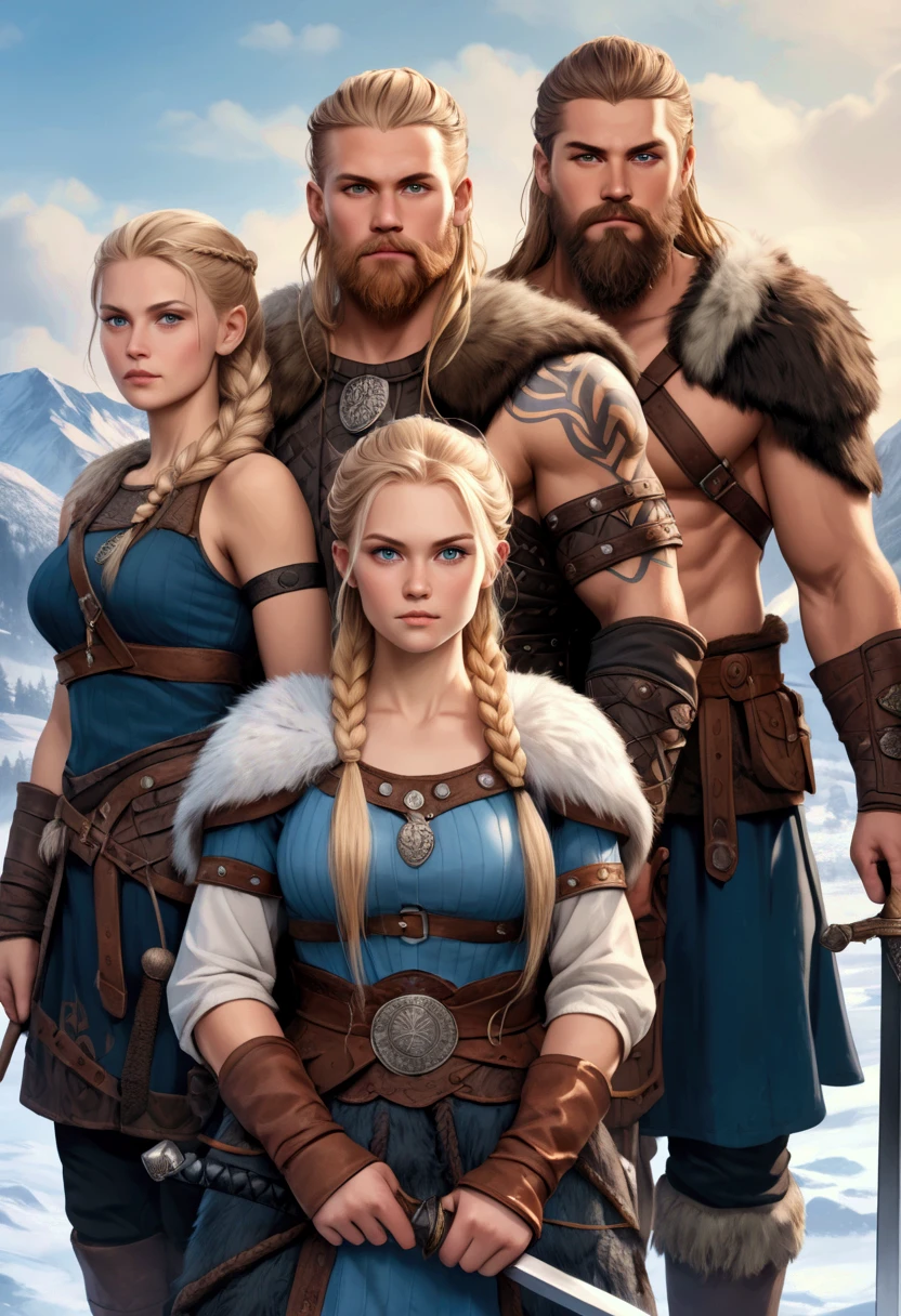 Nordic viking warrior family, one beautiful female, and two handsome bearded male, with great two handed swords on their back. Drawn in hyperrealistic 2.5D style