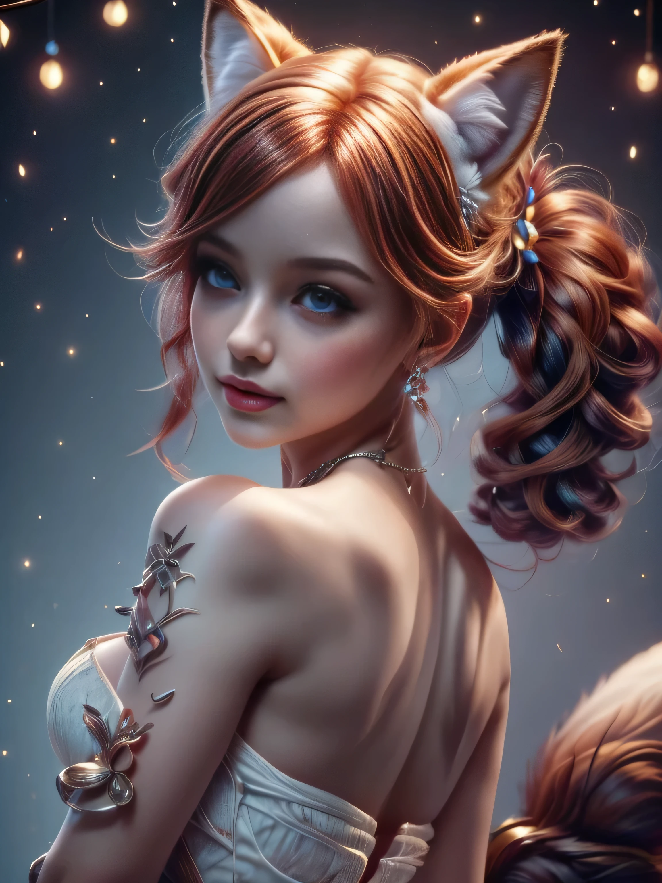 (Best Quality, Super Detail, Masterpiece, Representative Work, Official Art, Professional, Super Fine Detail, 8k:1.3), (Full Body) a doll with red hair and a fox ears, portrait of a goth foxgirl, dollpunk, artdoll, [ trending on cgsociety ]!!, beautiful young foxgirl, wlop loish and clamp style, cgsociety ), cgsociety - w 1 0 2 4 - n 8 - i, cgsociety 9, bjd, cgsociety, Cute girly face, red hair, ((brown)) eyes, 1 girl 25 years old, fox costume, hood, fox tail, furry, girl in furry costume, Vivid colors, Red hair, Innocent expression, Playful features, Christmas background, Natural Lighting, Soft background, Photorealistic, Sparkling eyes, Sharp focus, Glowing skin, Cute and mischievous look, Hint of mischief, Dreamy atmosphere, Delicate details, Soft ambient light, (Backlight:1.3), (Cinematic:1.2), Intricate details, (ArtStation:1.3)