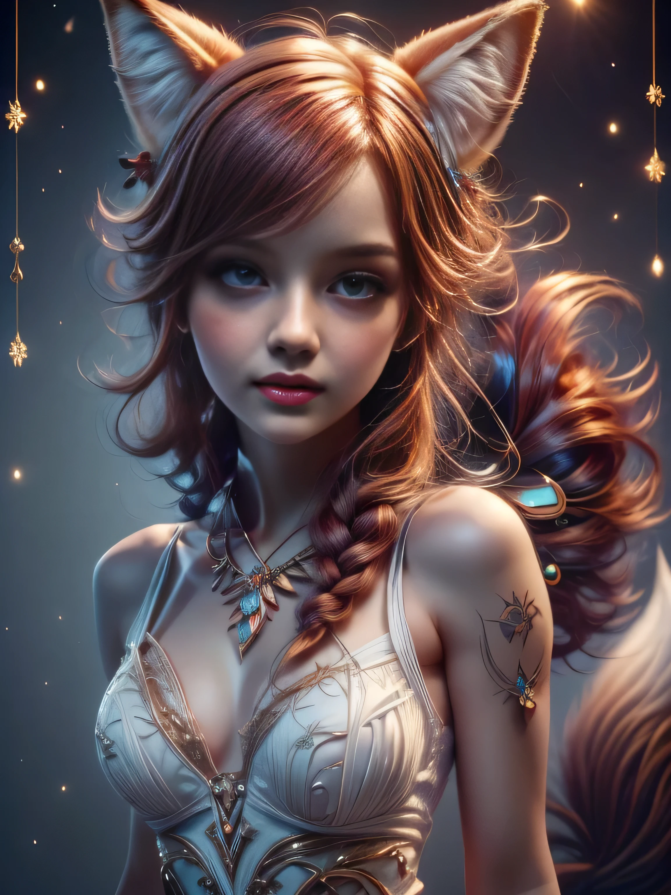 (Best Quality, Super Detail, Masterpiece, Representative Work, Official Art, Professional, Super Fine Detail, 8k:1.3), (Full Body) a doll with red hair and a fox ears, portrait of a goth foxgirl, dollpunk, artdoll, [ trending on cgsociety ]!!, beautiful young foxgirl, wlop loish and clamp style, cgsociety ), cgsociety - w 1 0 2 4 - n 8 - i, cgsociety 9, bjd,  cgsociety, Cute girly face, red hair, ((brown)) eyes, 1 girl 25 years old, fox costume, hood, fox tail, furry, girl in furry costume, Vivid colors, Red hair, Innocent expression, Playful features, Christmas background, Natural Lighting, Soft background, Photorealistic, Sparkling eyes, Sharp focus, Glowing skin, Cute and mischievous look, Hint of mischief, Dreamy atmosphere, Delicate details, Soft ambient light, (Backlight:1.3), (Cinematic:1.2), Intricate details, (ArtStation:1.3)