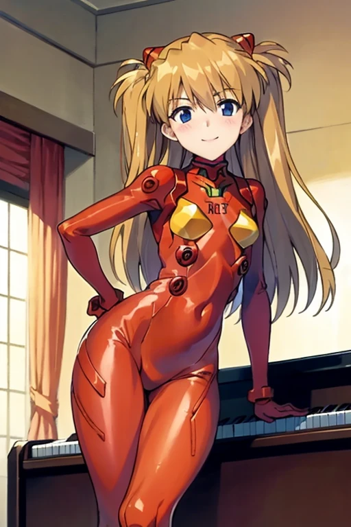 (( top quality)), ((masterpiece)), (be familiar with),  Perfect Face, indoor, bedroom,  Watching Viewers ,
One woman,  Soryu Asuka Langley,
開いた口,  ecstatic expression beside the piano, blush, smile,
 small tits,  flat chest, Young girl, Lori,  s,  girl,
 long hair,  two side up,
Leg spread,