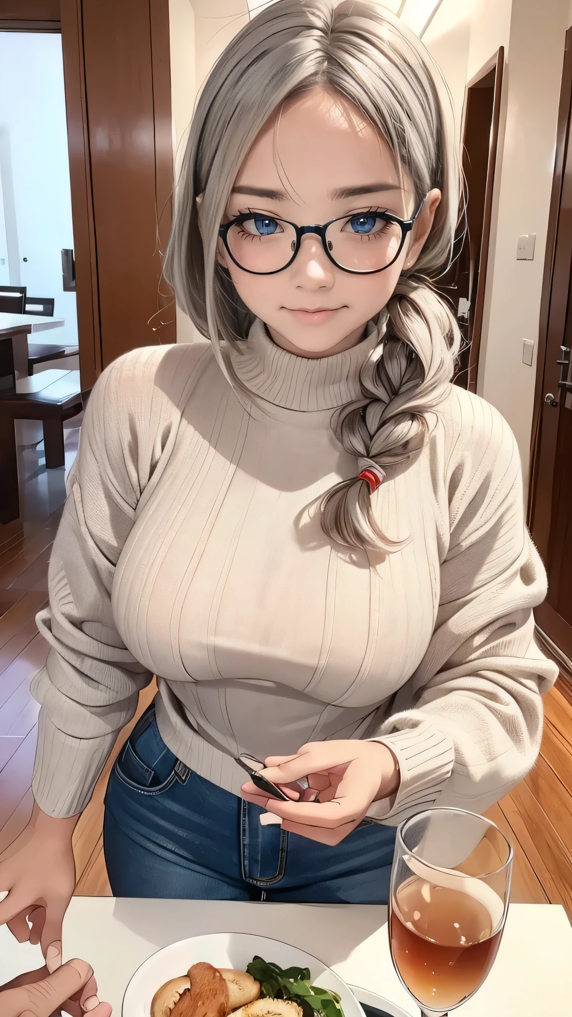 silber hair、eye glasses、Beautie、woman wearing knitted clothes、skin tanned、poneyTail