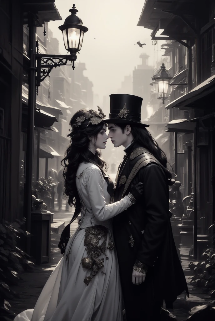 A romantic couple in elegant steampunk attire, standing under a vintage streetlamp in a cobblestone alleyway. The man wears a tall top hat and a long coat with intricate brass details, while the woman dons a Victorian-style dress with gears and lace accents. The scene is illuminated by soft moonlight and surrounded by fog, creating a mysterious atmosphere. The composition is in black and white with detailed textures and shadows.