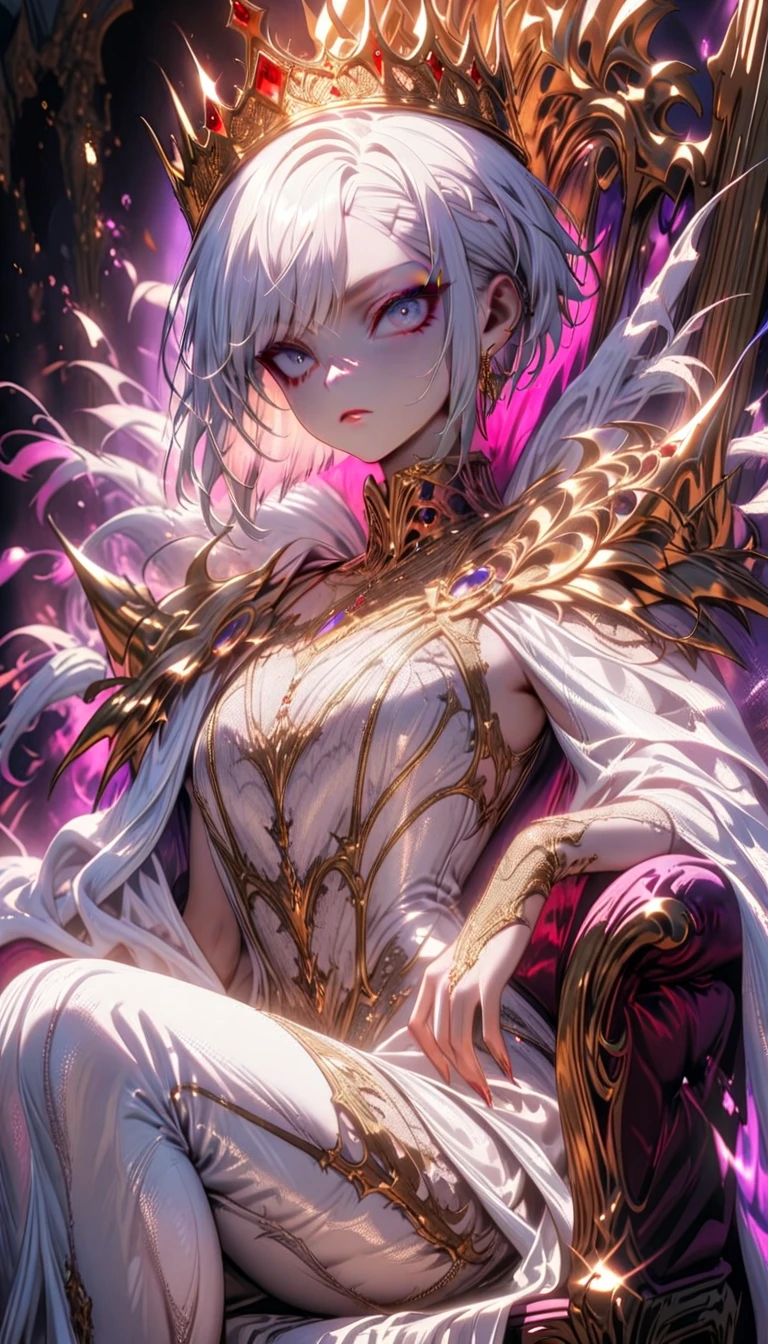 One young and beautiful woman,(Highest quality,Extremely detailed depiction,Incredibly absurd high resolution,Anatomically accurate depiction,Perfect body,Two curvaceous legs),(A fantastic goddess in a mysterious costume),(Gorgeous white outfit),eyelash,eye shadow,eyeliner,mascara,Flashy makeup,(Intensely glowing purple eyes,(Crazy Eyes),Glossy Lips,Wicked Smile,There is cleavage in the chest,wing,whole body),Sweat,background:Temple of the Night,Purple light
