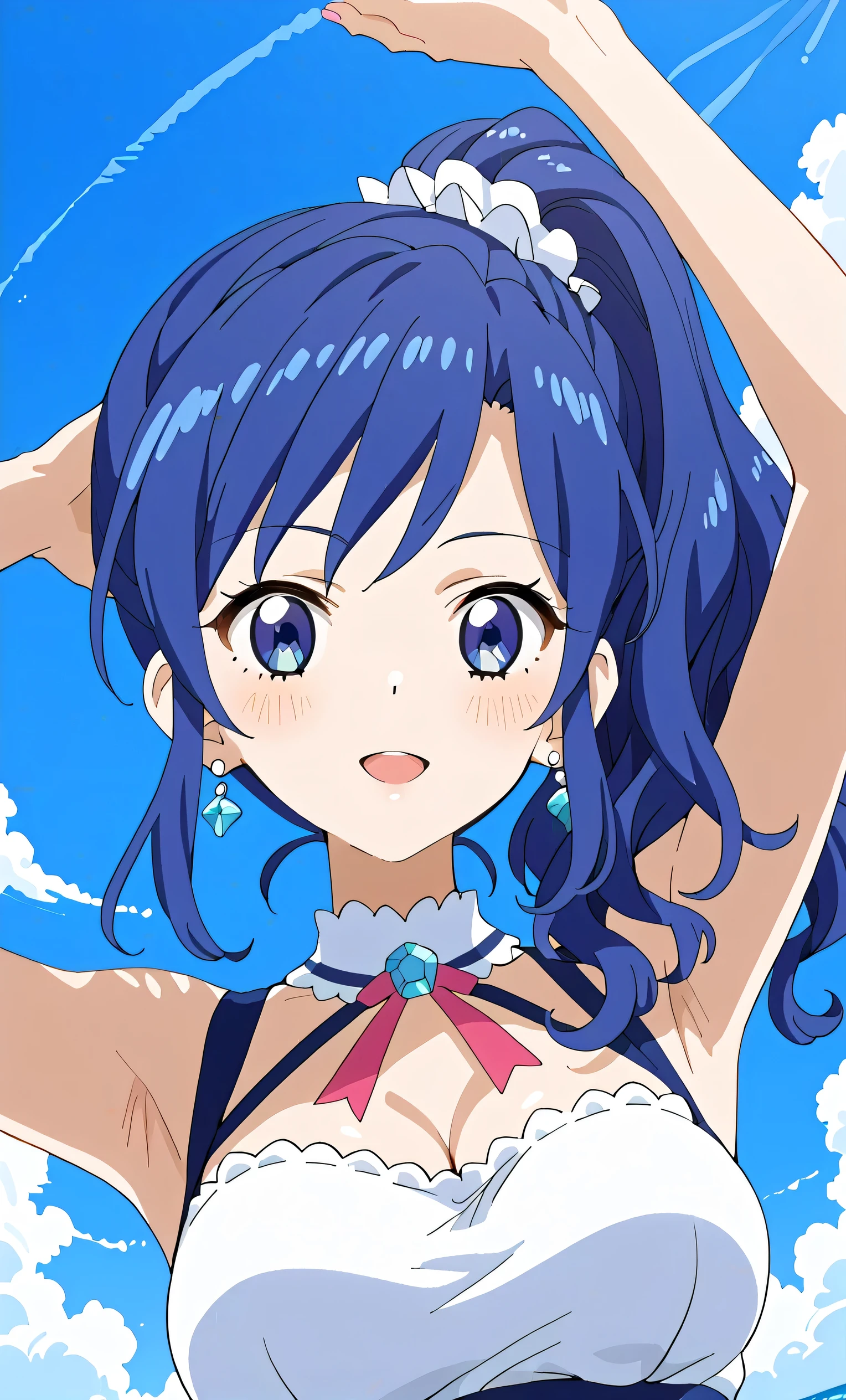 Aoi Kiriya (Aikatsu!)), 1 girl, solo, from below, (big breasts focus), (chest swaying), clothed, arms raised, :d, blushing, looking at camera, upper body, ( beach), (super detailed; 1.3 ), perfect anatomy, blue hair, side ponytail, blue eyes