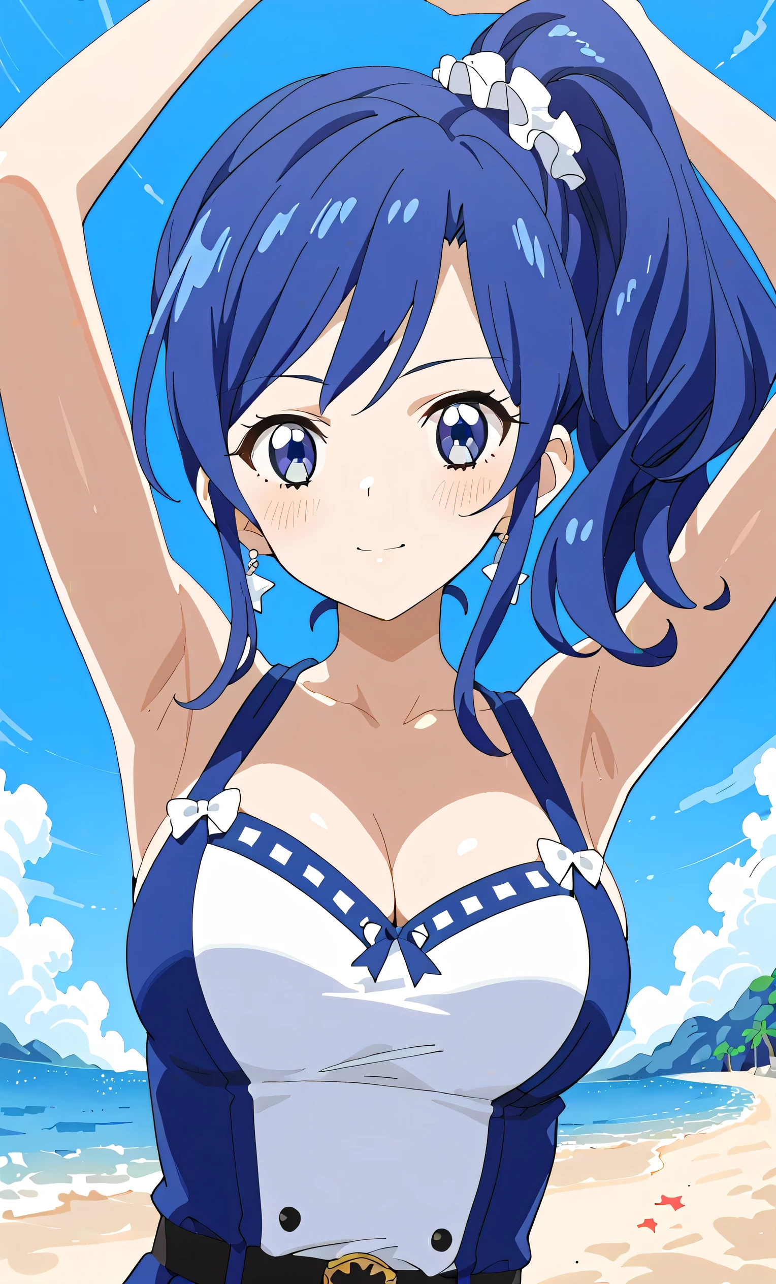 Aoi Kiriya (Aikatsu!)), 1 girl, solo, from below, (big breasts focus), (chest swaying), clothed, arms raised, :d, blushing, looking at camera, upper body, ( beach), (super detailed; 1.3 ), perfect anatomy, blue hair, side ponytail, blue eyes