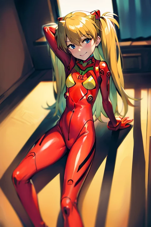 (( top quality)), ((masterpiece)), (be familiar with),  Perfect Face, indoor, bedroom,  Watching Viewers ,
One woman,  Soryu Asuka Langley,
開いた口,  ecstatic expression beside the piano, blush, smile,
 small tits,  flat chest, Young girl, Lori,  s,  girl,
 long hair,  two side up,
Leg spread,