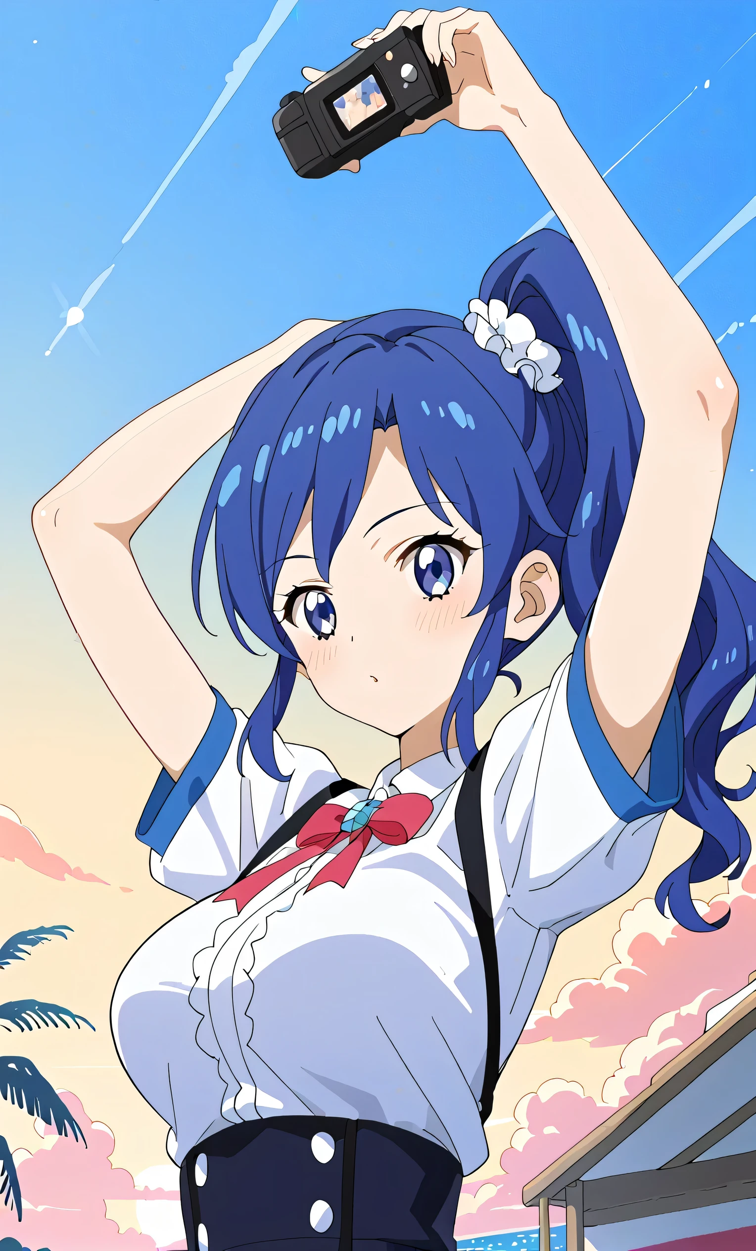 Aoi Kiriya (Aikatsu!)), 1 girl, solo, from below, (big breasts focus), (chest swaying), clothed, arms raised, :d, blushing, looking at camera, upper body, ( beach), (super detailed; 1.3 ), perfect anatomy, blue hair, side ponytail, blue eyes