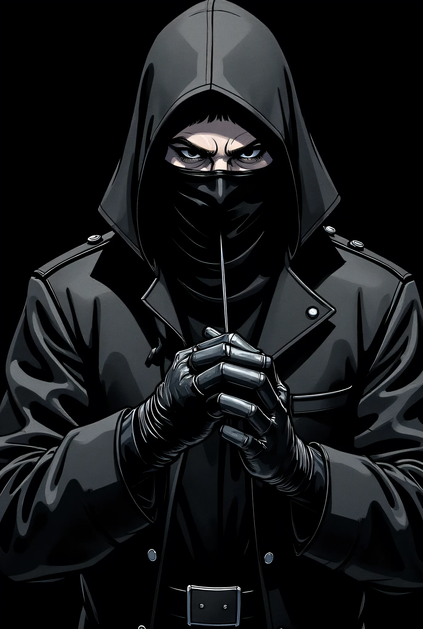 Illustration, masterpiece, portrait of a black executioner, huge, muscular, black clothes, black mask, a small needle between his fingers, very dark, horrific, high resolution, high definition, comics drawing with ink and watercolor, on black paper, black background, American comics, many details, black and white, neon, dark shadows