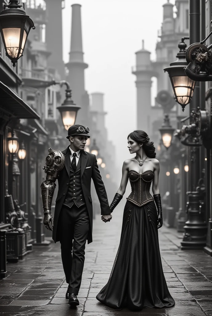 A steampunk couple walking hand-in-hand in an industrial Victorian city. The man has a mechanical arm, and the woman wears a corset with tiny glowing gears. Both are adorned with goggles and intricate accessories. The backdrop features towering chimneys, metallic gears, and gas lamps emitting a faint glow. The scene is monochrome with a strong emphasis on contrast and steampunk aesthetics.