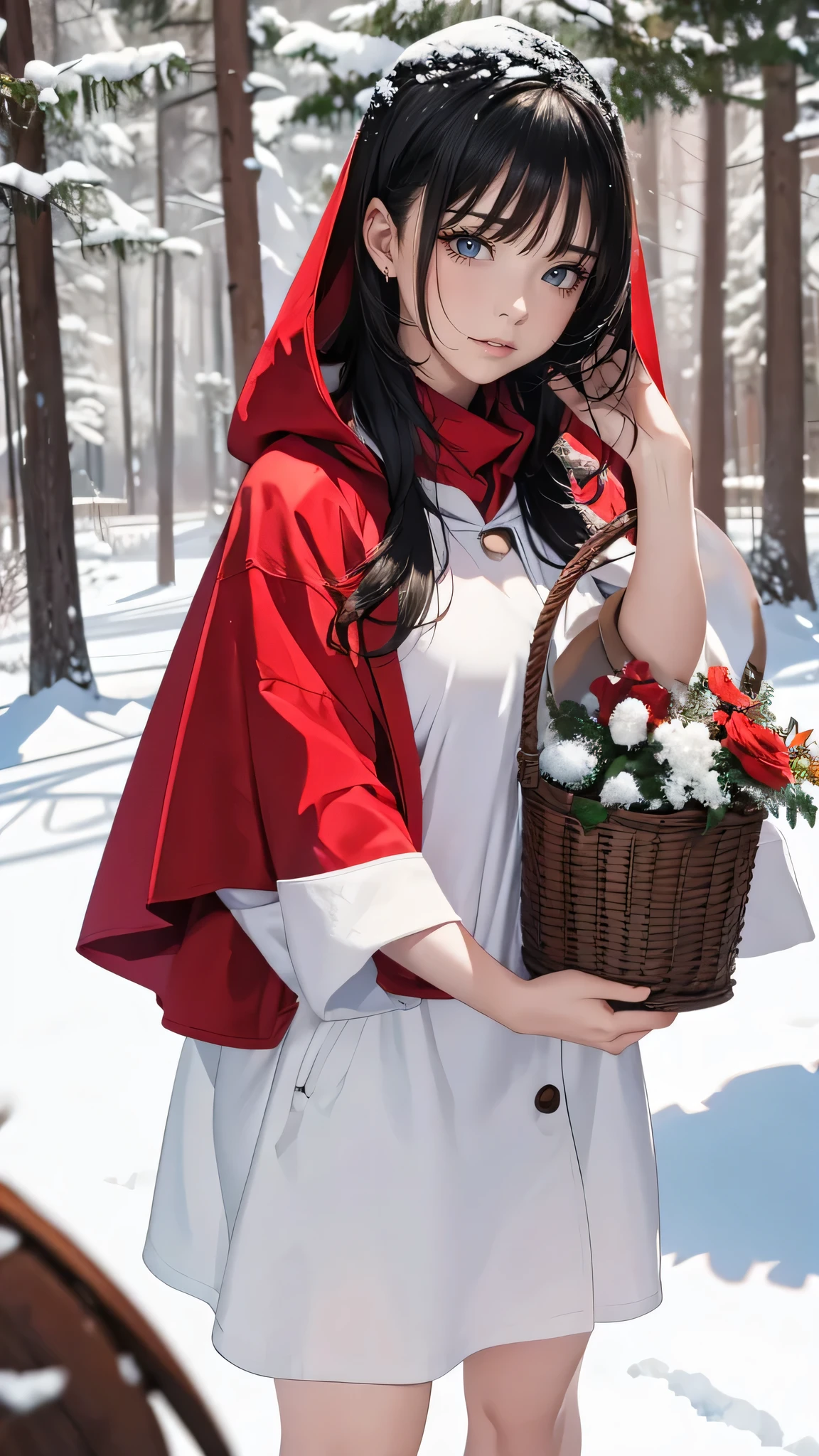 (masterpiece, best quality, high resolution, 8K, perfect anatomy), 
BREAK
cute girl, black hair, black eyes, big eyes, thick lip, Gloss on lips, 
BREAK
Little red riding hood girl, deep forest covered in snow, winter, holding small basket