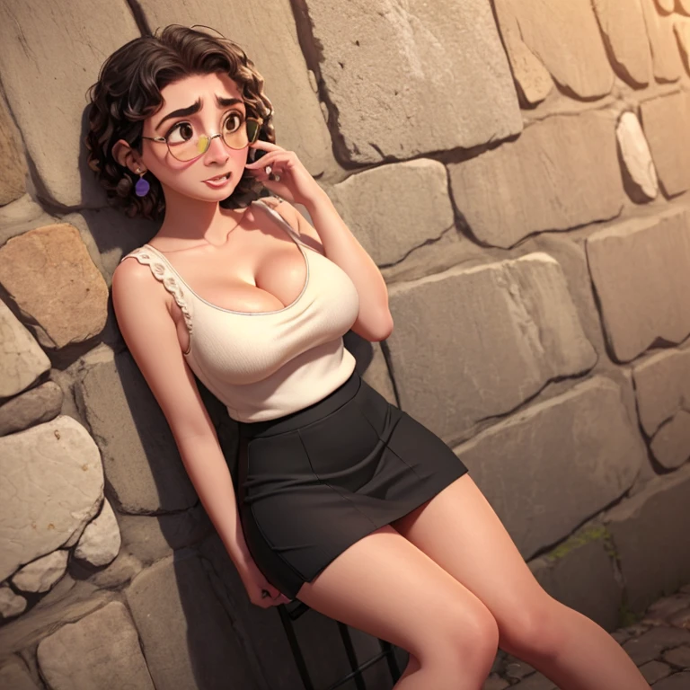 Mirabel Madrigal,  glasses, ((Sleeveless sweater)), market background, (((pencil skirt))), (((dark skin))), detailed skin, 
PERFECT LEGS, A perfect hips, 

((against a WALL)), (resting her back on WALL), (leaning slightly forward), 
((STANDING)), ((lesbian)), ((only girls)),  
((masterpiece, HD, high res)), ((beautiful render art)), ((intricate details)), (beautiful hands), ((detailed shading)), 
((looking at viewer)), ((detailed eyes)), ((detailed face)), ((detailed mouth)),  
((fully clothed)), ((full body)), ((long legs)), 
((pulling down her panties)), ((panties down)), ((pose panty pull)), ((sticking hand down her panties)), 
((she is pulling down her panties)), (panties at thigh level), ((panties between her thighs)),  
(showing vagina), (naked crotch), (Crotch show off), (bare crotch), 
(seductive BREAK high-angle view), (cleavage), ((Embarrassed)), (shy), ((out of breath)), 
((TIRED expression)), ((WORRIED expression)), 
((MEDIUM breasts)), 