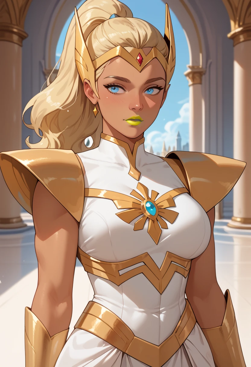 woman, big breasts, yellow lipstick, anime style, blue eyes, white skin, blonde hair, ponytail, armor, royal palace, She-ra, white skin