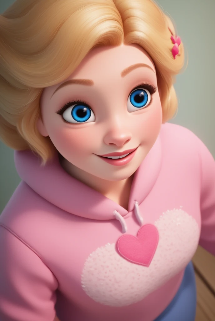 a smiling blonde girl with blue eyes, wearing a pink sweatshirt with an embroidered heart