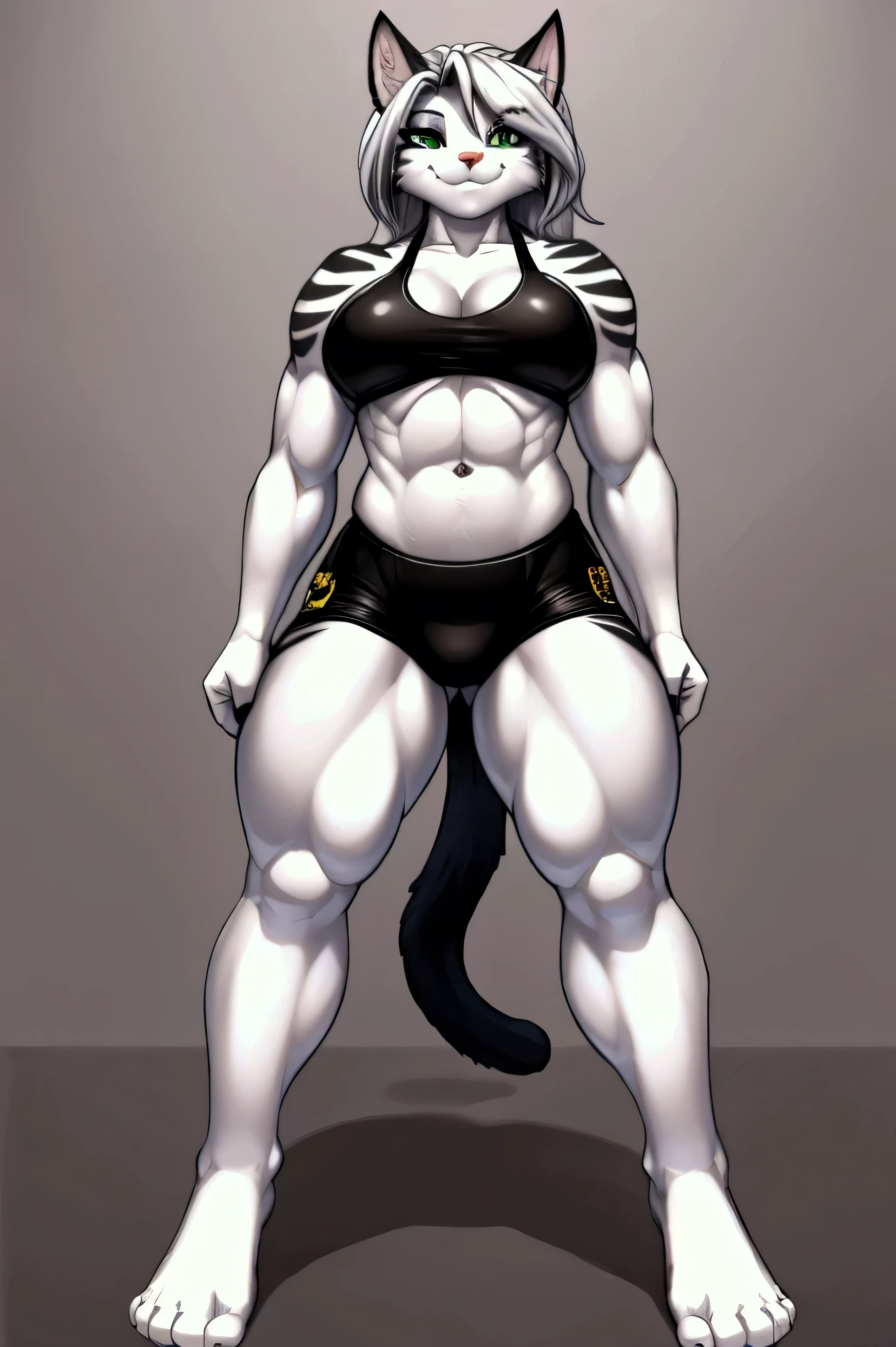 Create an image of an anthropomorphic female cat, With a smile, black and white color, Sitting showing the soles of her feet facing forward , legs, Abdominals , Semi-muscular body of an MMA fighter, with the font of the initials ufc that says Kelly in a vertical position on the left