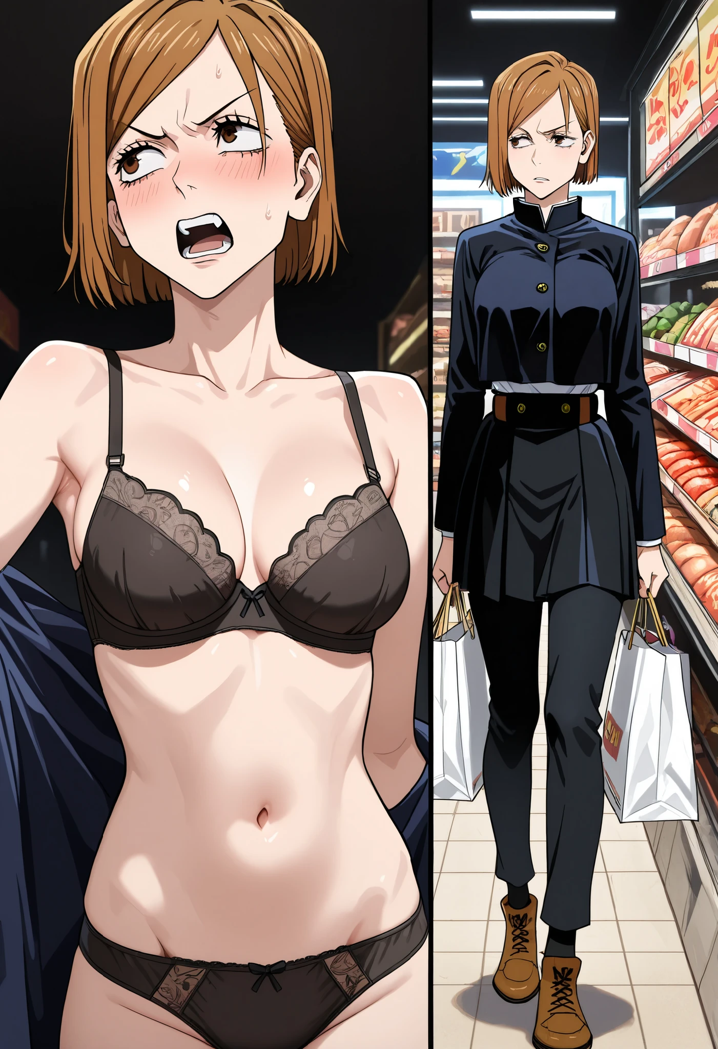 solo, ((expression,shopping in a market,holding shopping bags)), masterpiece, best quality, amazing quality, very aesthetically pleasing, absurd, state-of-the-art) , official style, (Itadori Yuji), roar, ((Kugisaki Nobara)), (jujutsukaisen), (adult: 1,2), (very small head: 1,2),brown hair,short haircut,(brown eye),(shy red face), (shy:1.2), guilty,(ideal body ratio:1.2,very long body:1.2), medium breasts, skinny body:1.3, skinny:1.2,slim), man stripped bra, pulls off clothes, undressing,pleated black panties , bra, angry, pushing out,((stripped forced)), ((my head hurts)),((shy:1.2)),(hand on groin) , depressed look to the side, turns away to the side, red head blushes, ((guilt:1.2)), ((taking off her black bra), ((blame:1.2)), ((embarrasse:1.2)) , (bend over, (boobs dangling), ((comic)) , ((action))