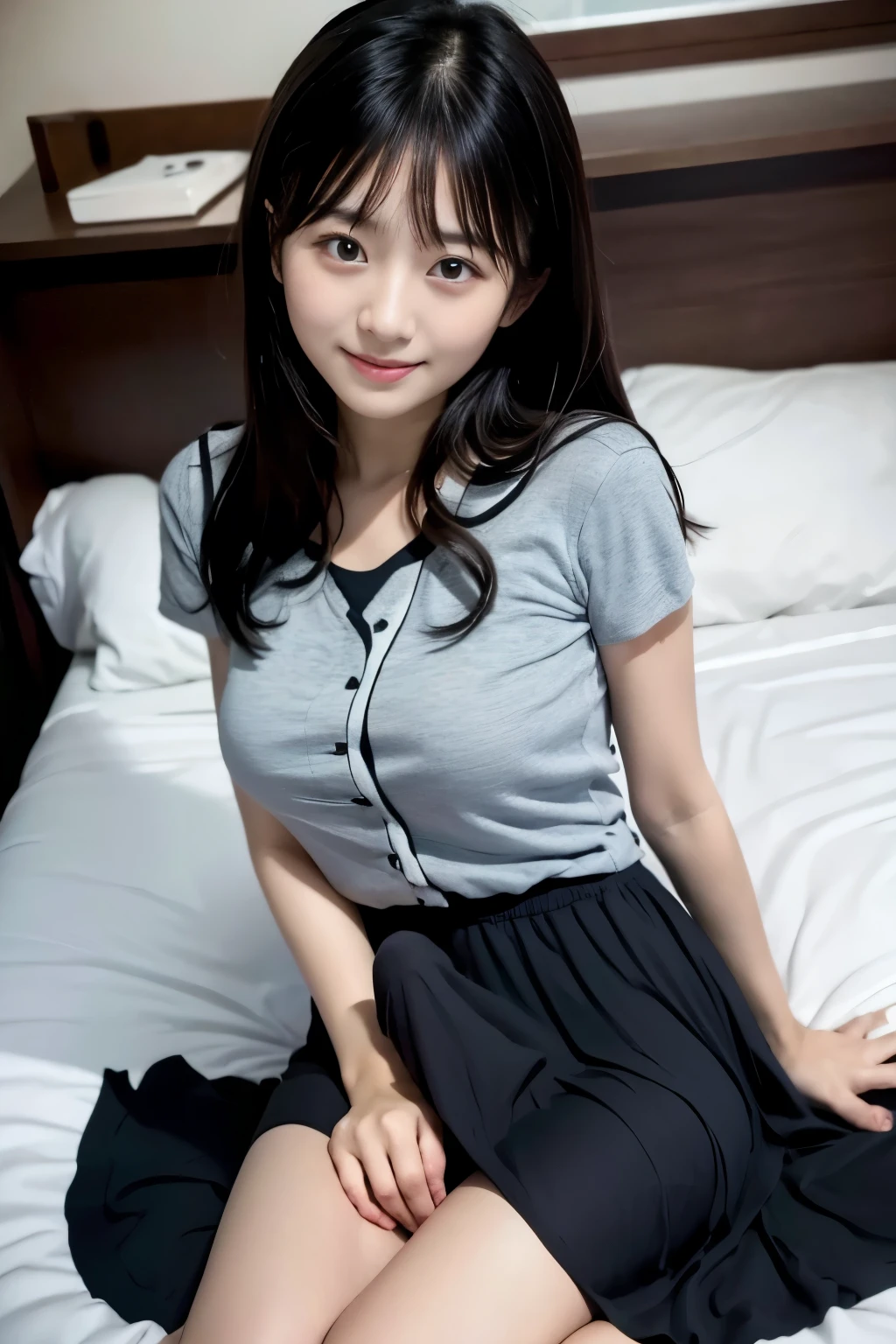 bed wearing a white turtleneck sweater, flat breasted ,Japanese girl lying on her back on a ,Short sleeve, maxi skirt , black hair, long hair,(Masterpiece:1.4),( top quality:1.4),close-up, Nara Yoshitomo ,mayuri shiina, beautiful japanese girl face, beautiful asian girl , Yasumoto Oka, lying on the bed , Erection under clothes