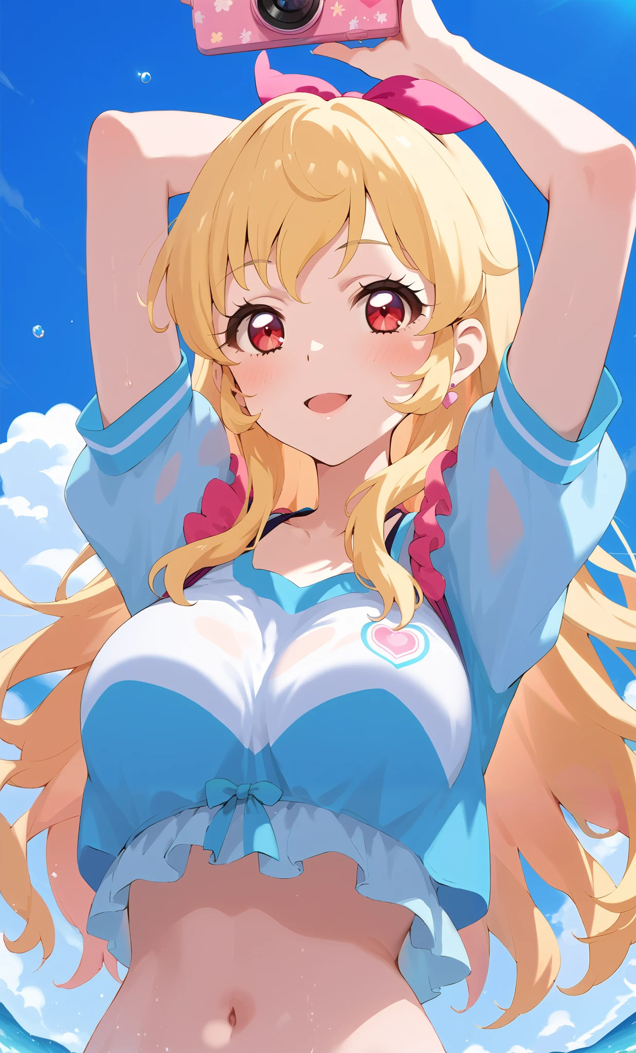 Ichigo Hoshimiya (Aikatsu!)), 1 girl, solo, from below, (big breasts focus), (chest shaking), clothed, arms raised, :d, blushing, looking at camera, upper body, (beach), (super detailed; 1.3), perfect anatomy, blonde hair, red eyes