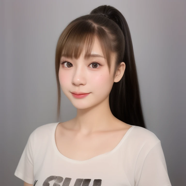 (kawaii 18 year-old Japanese girl), (glossy blonde hair, high ponytail, bangs, black eyes:1.3), (soft smiling), (wearing crew necked t-shirt:1.3), well shaped extra small breasts, outside background, id photo, bust shot, (masterpiece, best quality, photo realistic:1.4), (professional lighting, physically-based rendering, glossy skin, extremely detailed eyes and skin textures, golden ratio, depth of field), 1girl, solo,