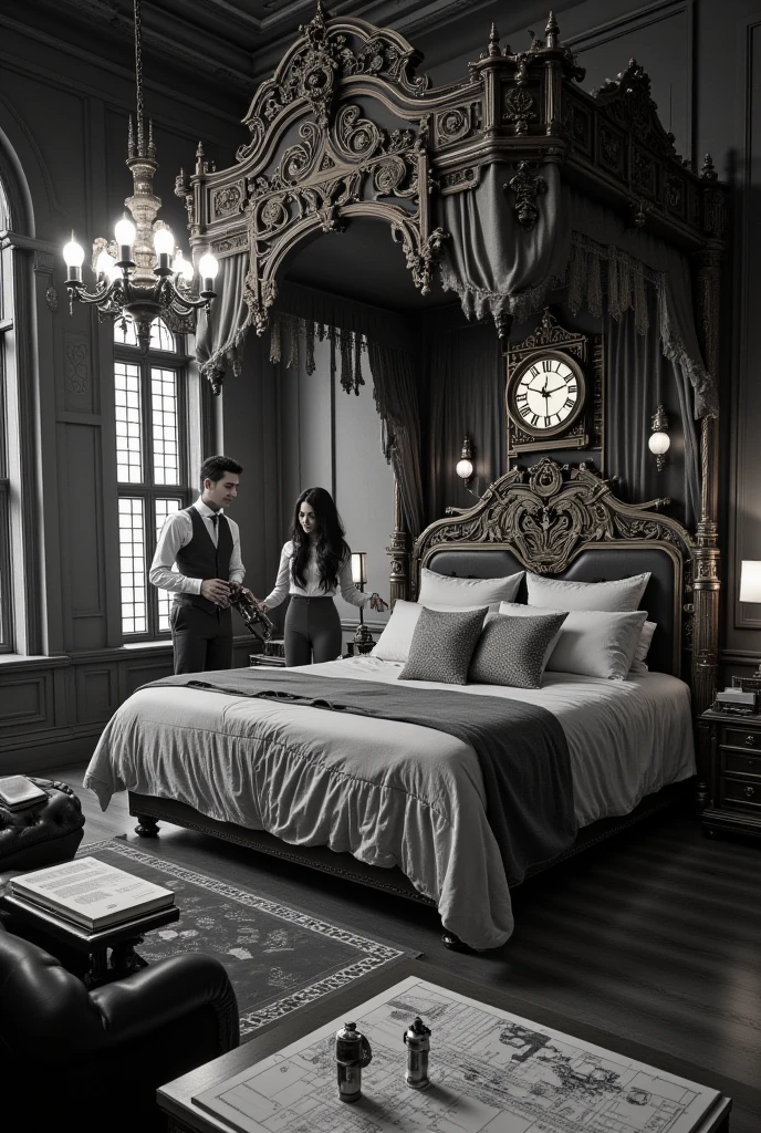 A luxurious steampunk bedroom featuring a large canopy bed with brass and gear details. A couple stands by the bed; the man adjusts his mechanical arm, while the woman examines a glowing clockwork device. The room is lit by a chandelier with Edison bulbs, and the furniture includes a leather armchair and a writing desk covered in blueprints. Black-and-white tones emphasize the intricate details and textures.