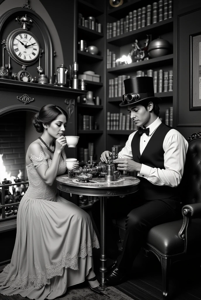 A cozy steampunk room with a roaring fireplace, a bookshelf filled with old leather-bound books, and a large brass clock on the wall. A couple is seated by the fire: the woman in a lace gown is sipping tea, while the man, wearing a top hat and goggles, tinkers with a small mechanical gadget. The light from the fire creates deep shadows and highlights in the black-and-white composition.