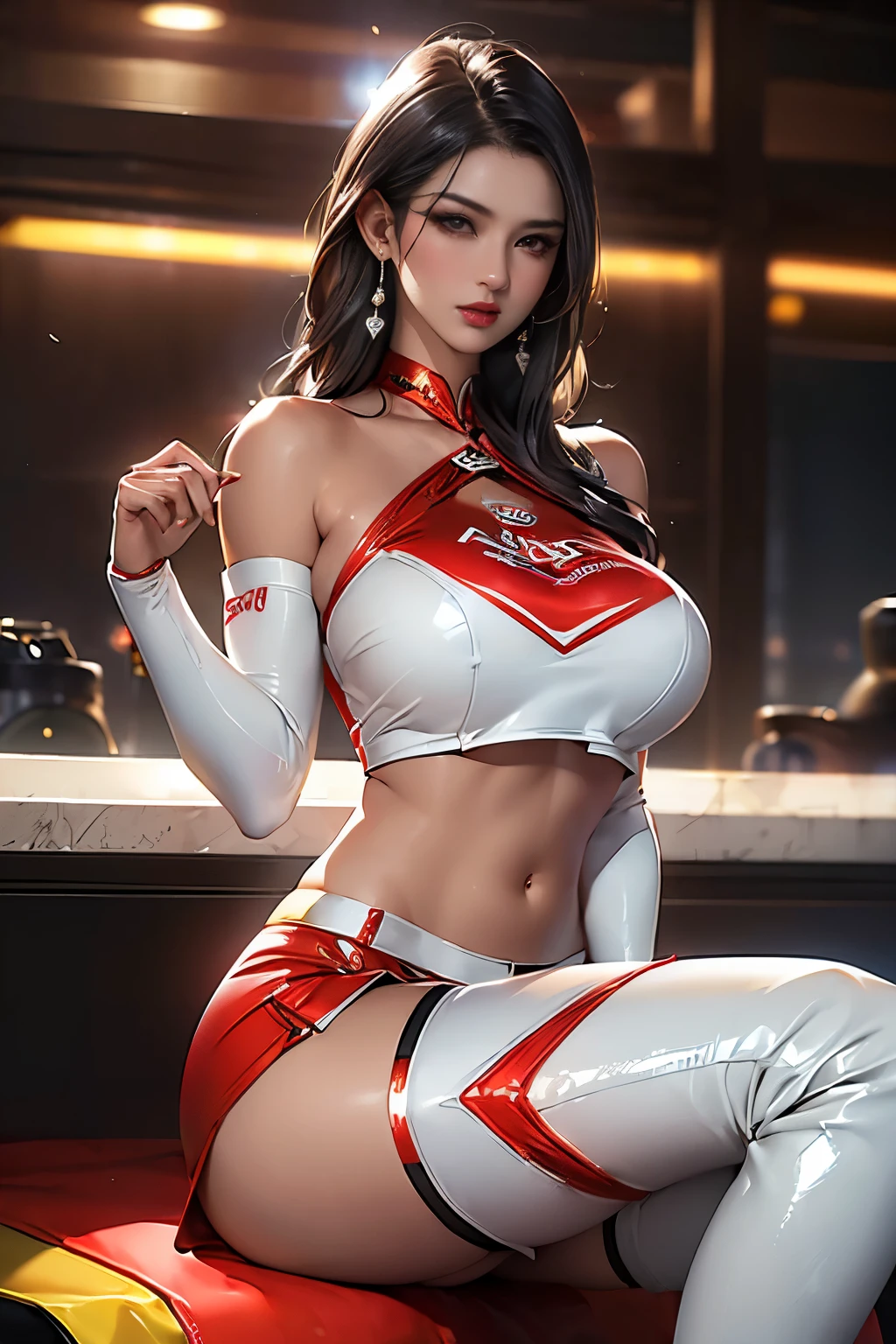 Realistic Rendering with Unreal Engine 5, Random Pause, Race Queen, Uniform with sponsor logo Red uniform, Earrings, Exquisite beauty、Beautiful Face, Tall and slender model, Huge , Oil, (length, Thin legs:1.5), (((One-shoulder mesh metallic girls outfit with sponsor logo))),(((Dynamic pose))), (((Abdominal Peek))), (((Show under the chest ))), (((Yellow and white miniskirt lift with sponsor logo))), (Race Queen thigh-high boots with sponsor logo:1.4), Spread your legs, (Thigh-length Race Queen boots:1.4), Spread your legs, wet and shiny body, Colorful Hair, Brown skin beauty, (standing:1.2), line, (masterpiece, most high quality:1.3), (Surreal:1.35), (Realistic:1.45), (Skin with attention to detail), high quality, Browsing Caution, Japanese Girls, 20-years-old, Expressive eyes, Perfect Face, (fix makeup), (lipstick:1.1) (eyeliner:1.1), mascara, eye shadow, (Black Hair), break slender, Large Breasts, (Nipples:1.0), (perfect Nipples:1.0), (Oiled and shiny body:1.3), Spread your legs, (Thigh-length Race Queen boots:1.4)