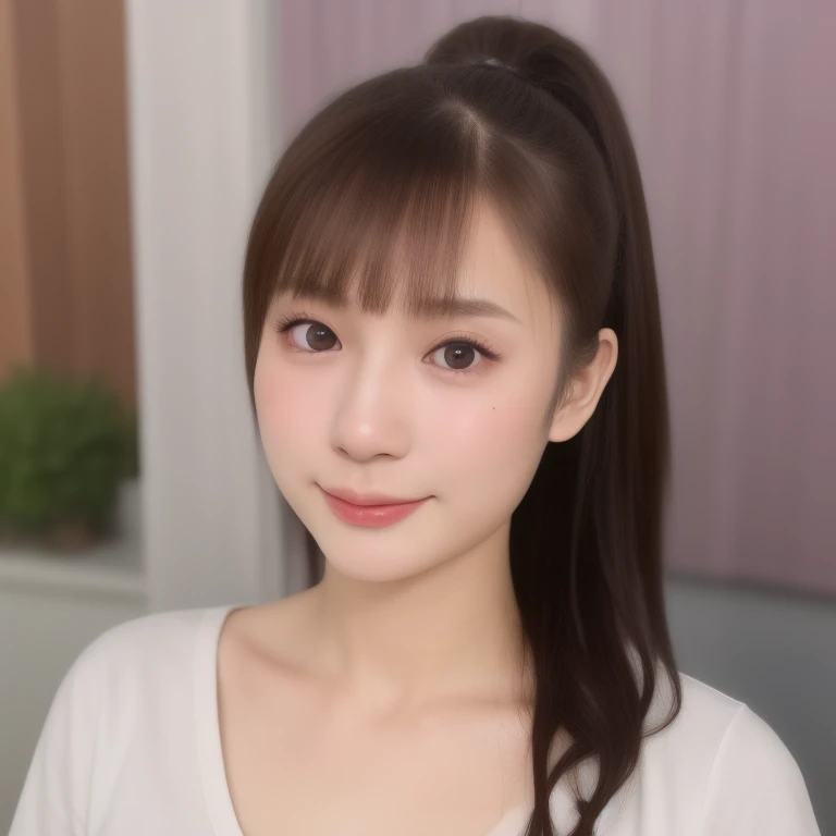 (kawaii 18 year-old Japanese girl), (glossy brown hair, high ponytail, bangs, black eyes:1.3), (soft smiling), (wearing crew necked t-shirt:1.3), well shaped extra small breasts, outside background, id photo, bust shot, (masterpiece, best quality, photo realistic:1.4), (professional lighting, physically-based rendering, glossy skin, extremely detailed eyes and skin textures, golden ratio, depth of field), 1girl, solo,