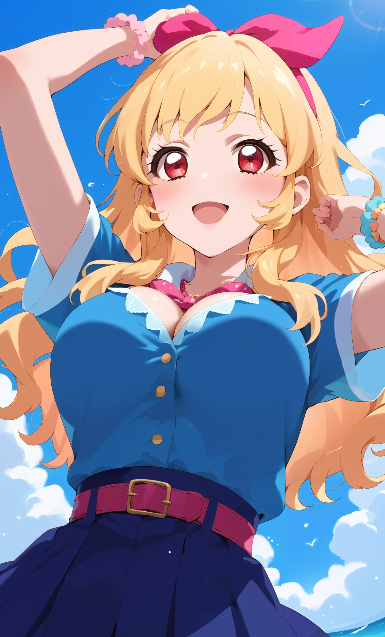 Ichigo Hoshimiya (Aikatsu!)), 1 girl, solo, from below, (big breasts focus), (chest shaking), clothed, arms raised, :d, blushing, looking at camera, upper body, (beach), (super detailed; 1.3), perfect anatomy, blonde hair, red eyes