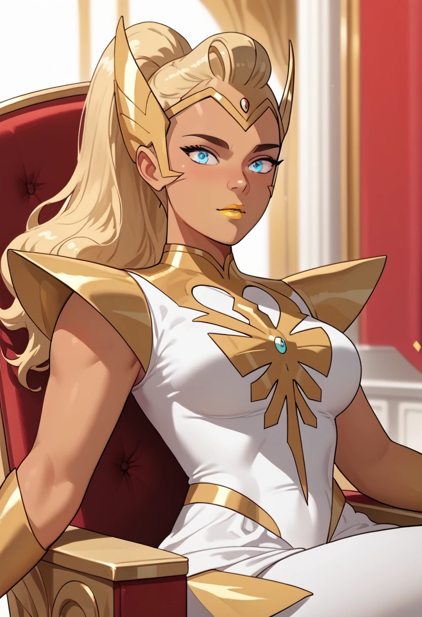 Thin woman, age 25, 4K (High definition), beautiful smiling, seducing gaze, greeneyes, wearing a tiara and a royal dress with a boat neckline and long sleeves, brown belt, Caucasian skin, long blonde hair, sitting in a chair, full of curves with freckles across her chest. Marvel style high quality, white background.