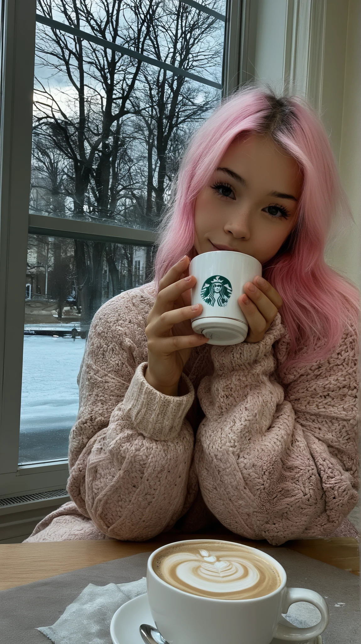 Stable_Yogis_PDXL_Positives
score_9, score_8_up, score_7_up, score_6_up, 1girl, solo, long pink hair, natural look, wearing a cozy oversized beige sweater, sitting at a small round table with a steaming cup of coffee in her hands, looking softly out of a window, blush, indoors, soft morning light, cozy and calm atmosphere